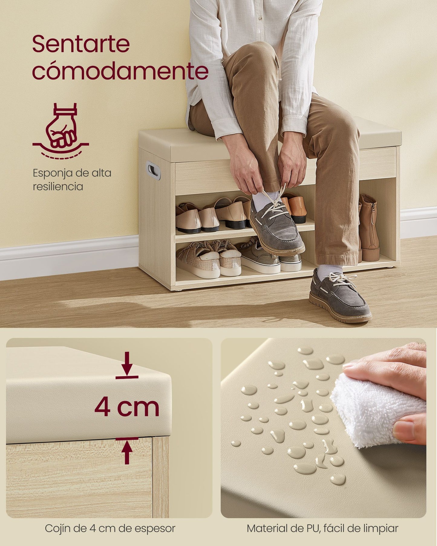 Banco Zapatero con Cojín Estantes Beige Natural-VASAGLE