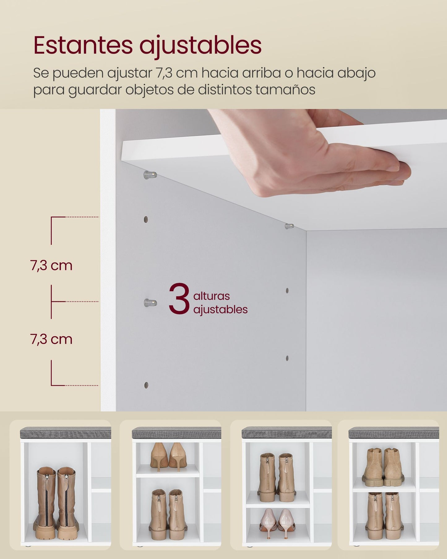 Banco Zapatero con 4 Compartimentos y 2 Estantes Ajustables Blanco Nube-VASAGLE