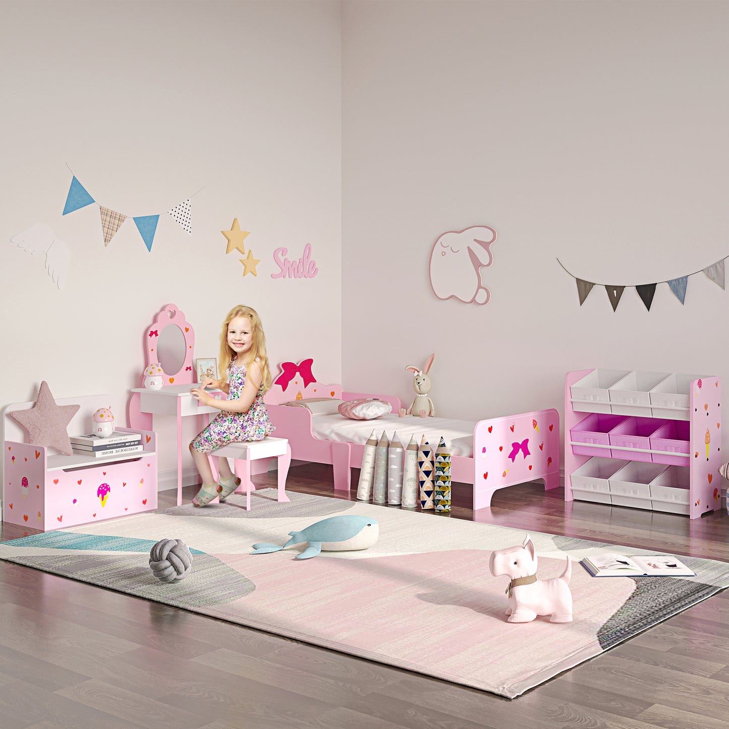 ZONEKIZ Cama Infantil de Madera 143x74x59 cm Cama para Niños de 3-6 Años con Barreras de Protección Carga Máx. 80 kg Mueble de Dormitorio Moderno Rosa