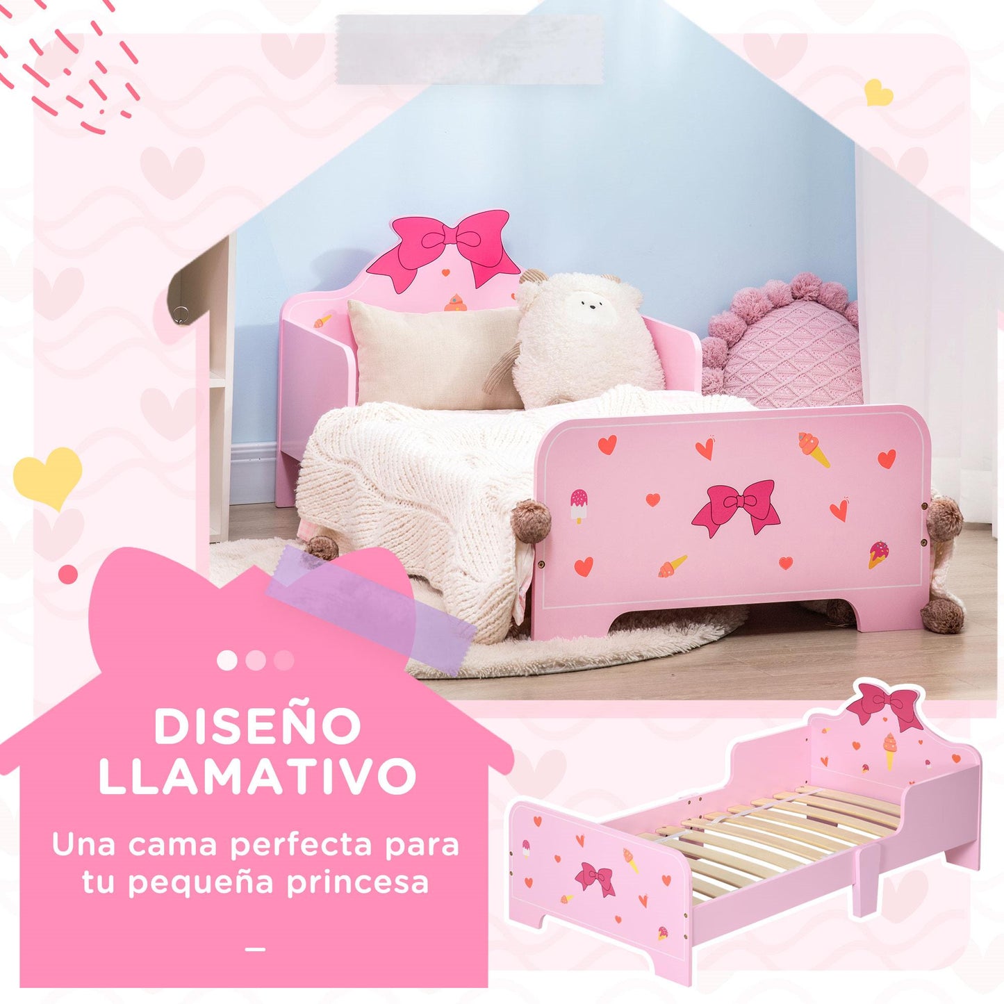 ZONEKIZ Cama Infantil de Madera 143x74x59 cm Cama para Niños de 3-6 Años con Barreras de Protección Carga Máx. 80 kg Mueble de Dormitorio Moderno Rosa