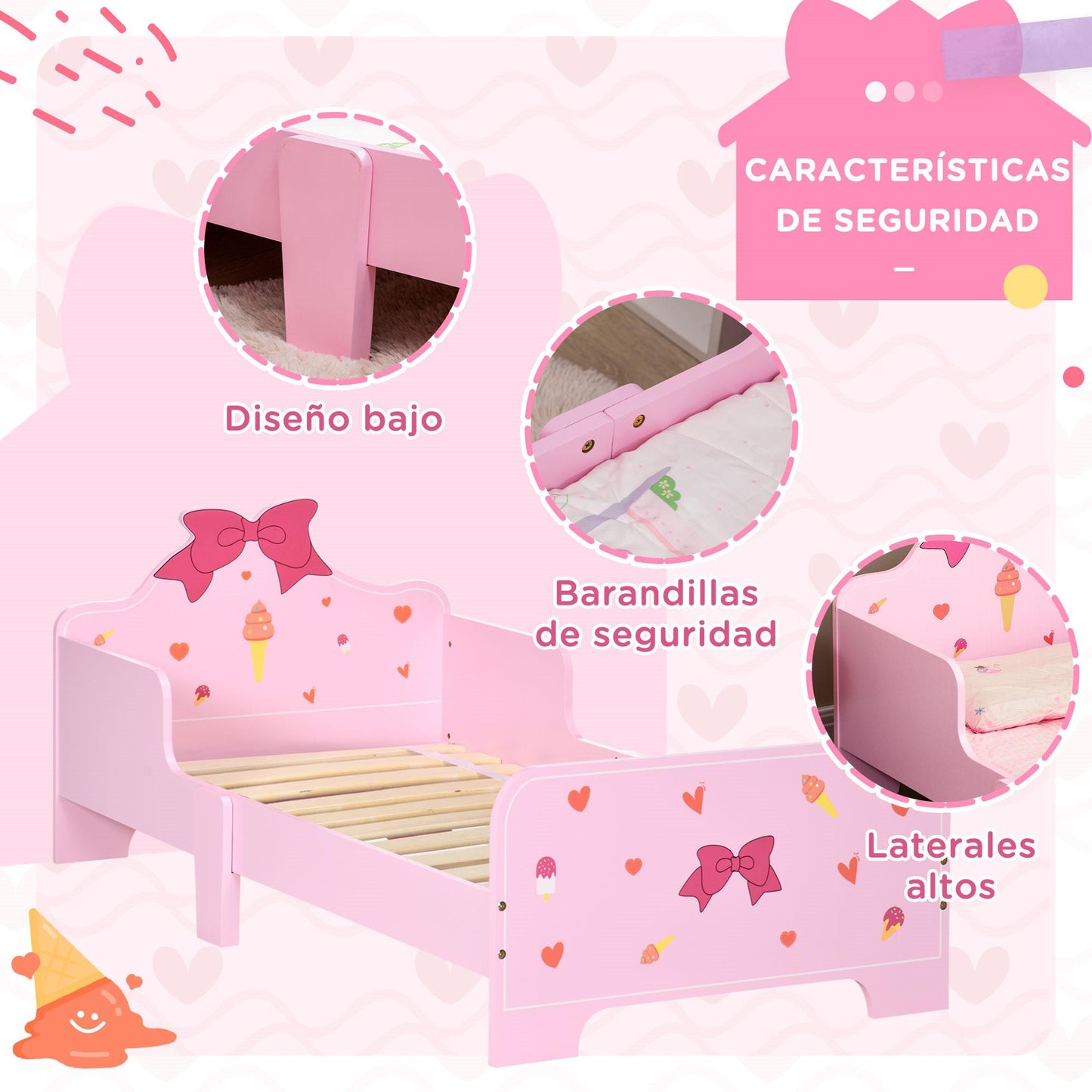 ZONEKIZ Cama Infantil de Madera 143x74x59 cm Cama para Niños de 3-6 Años con Barreras de Protección Carga Máx. 80 kg Mueble de Dormitorio Moderno Rosa