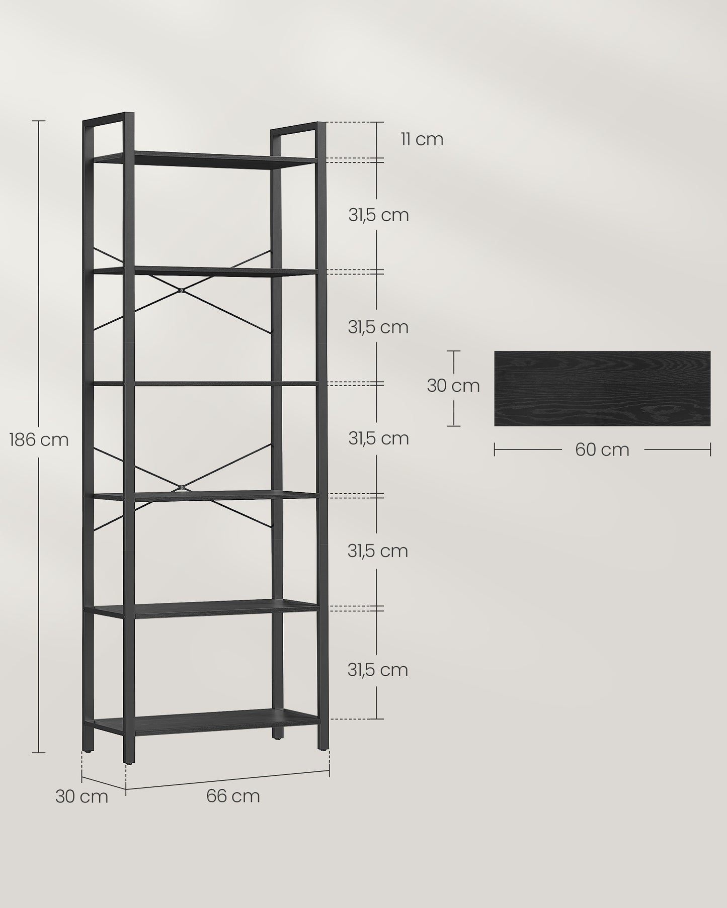 Estantería Alta de 6 Niveles 30 x 66 x 186 cm Negro Ébano y Negro Tinta-VASAGLE