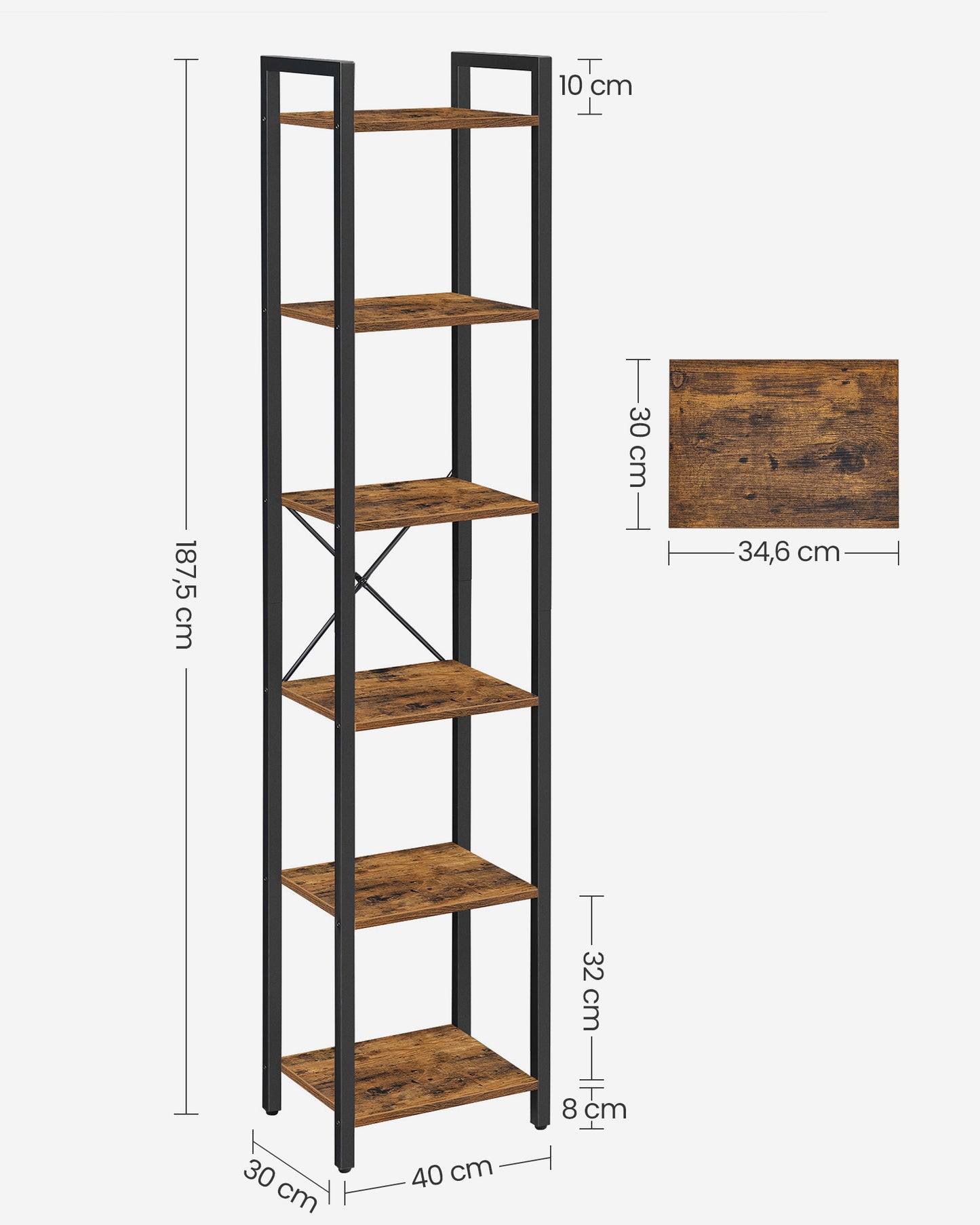 Librería de 6 Niveles Biblioteca Estantería para Oficina 30 x 40 x 187,5 cm-VASAGLE