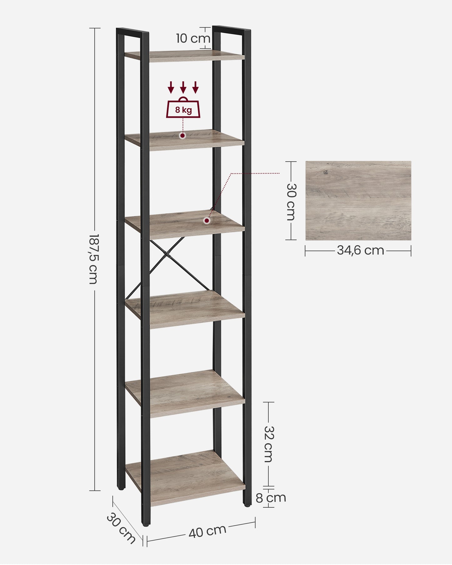 Librería de 6 Niveles 30 x 40 x 187,5 cm Industrial Greige y Negro-VASAGLE