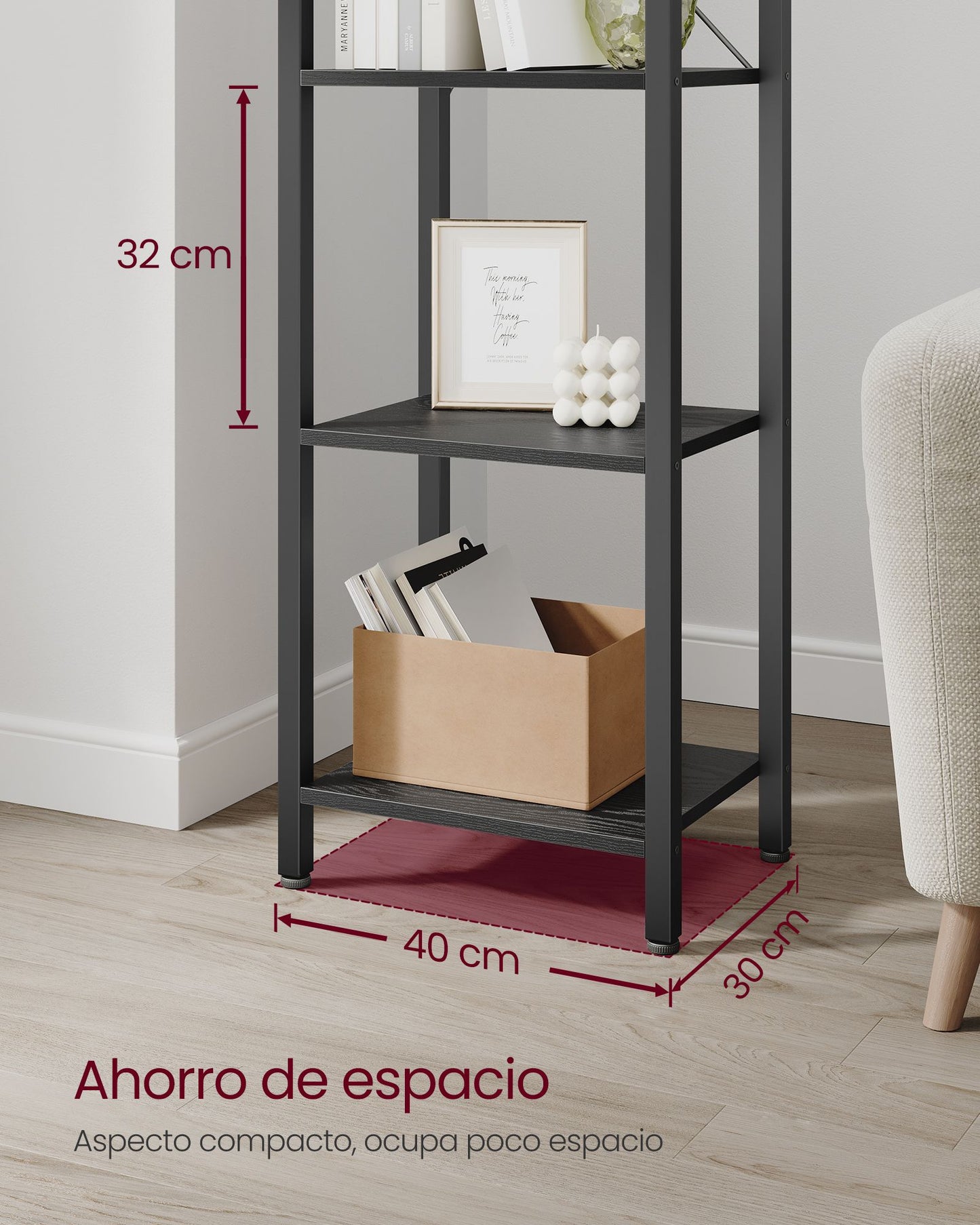 Librería de 6 Niveles 30 x 40 x 187,5 cm Industrial Negro Ébano y Negro-VASAGLE