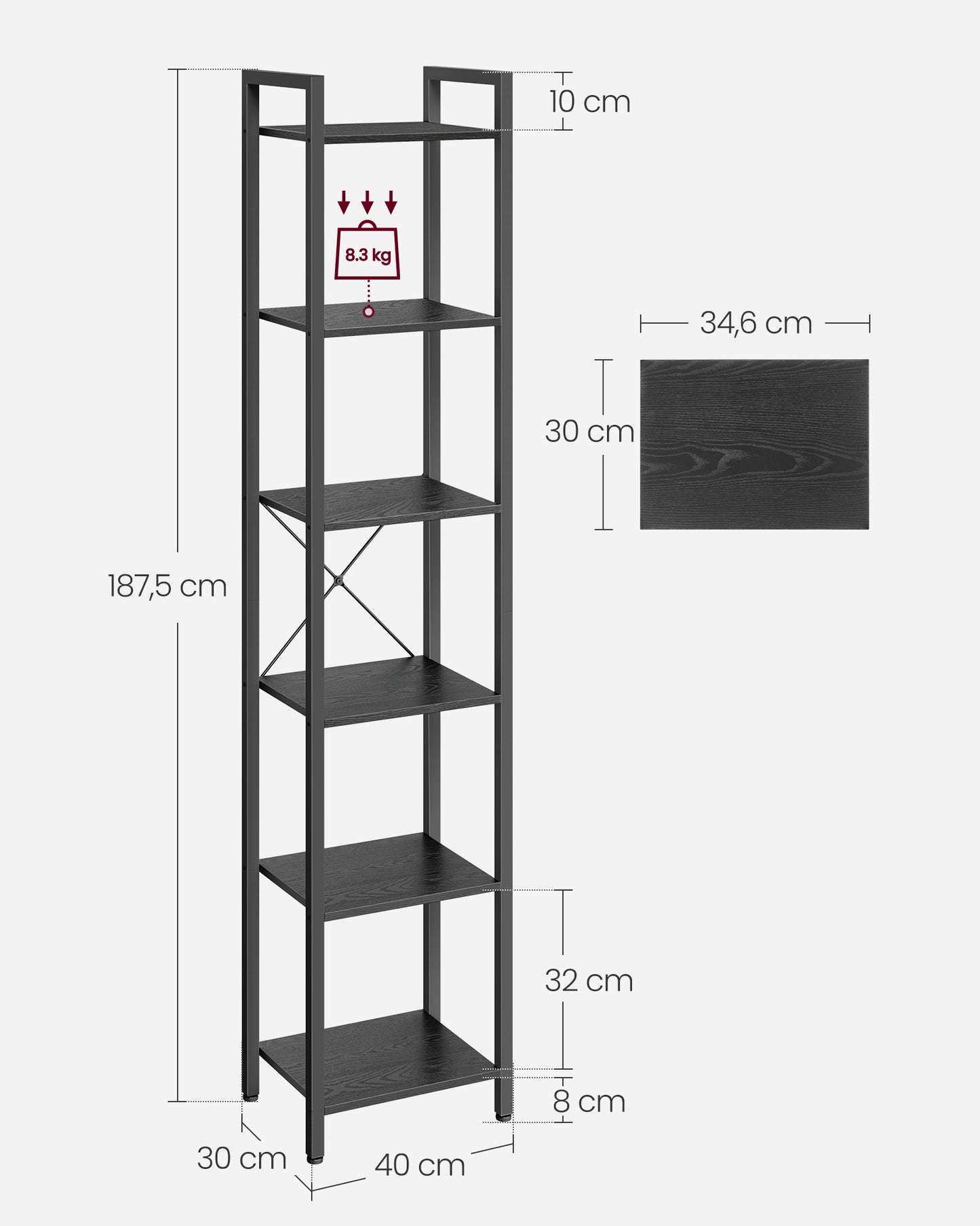 Librería de 6 Niveles 30 x 40 x 187,5 cm Industrial Negro Ébano y Negro-VASAGLE