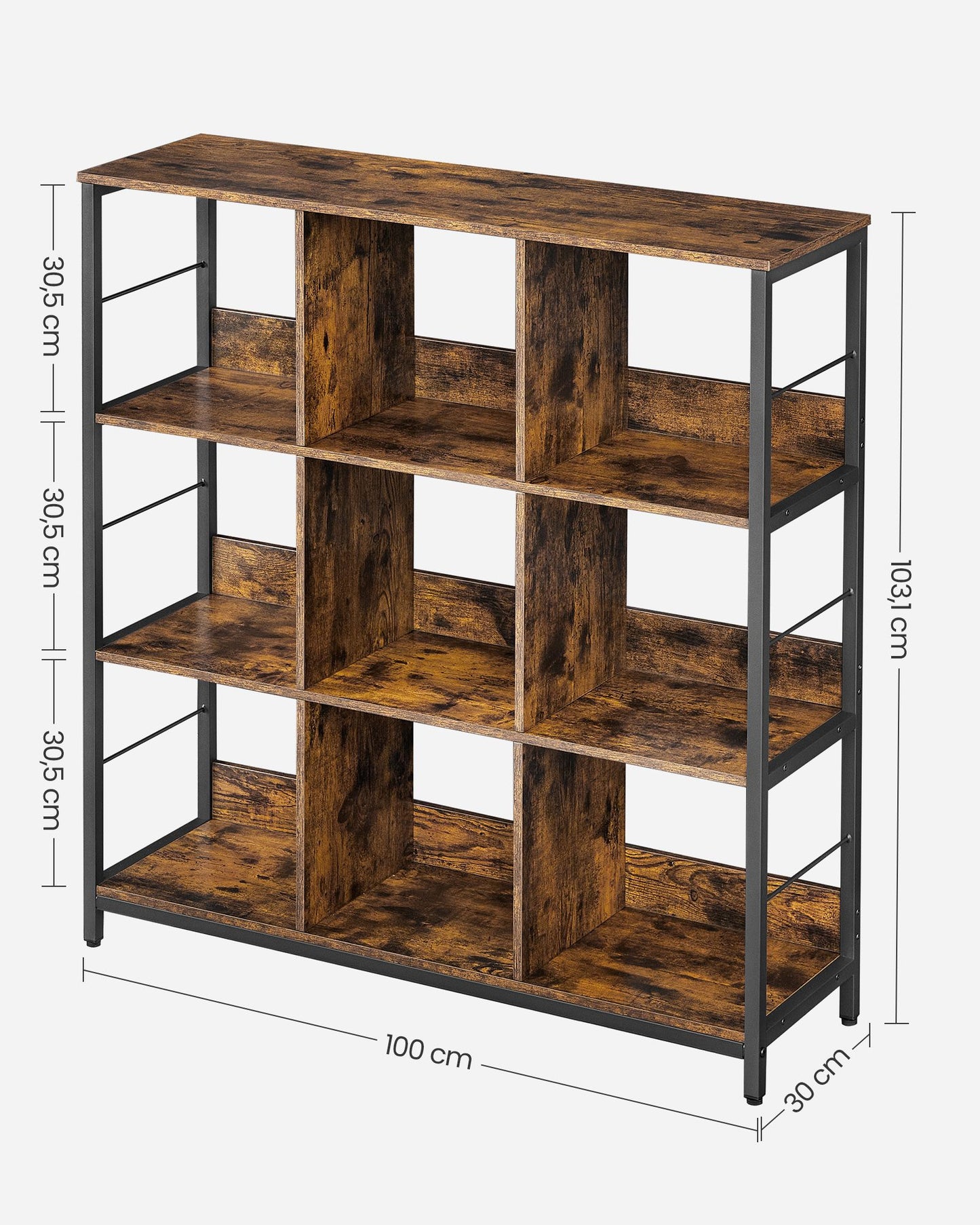 Estantería de Almacenamiento de 3 Niveles 30 x 100 x 103,1 cm Marrón Rústico y Negro-VASAGLE