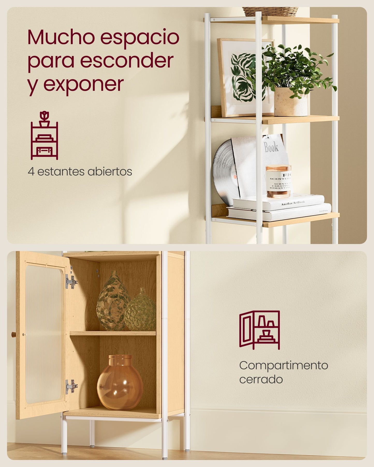 Librería de 6 Niveles Beige Roble y Blanco Perla-VASAGLE