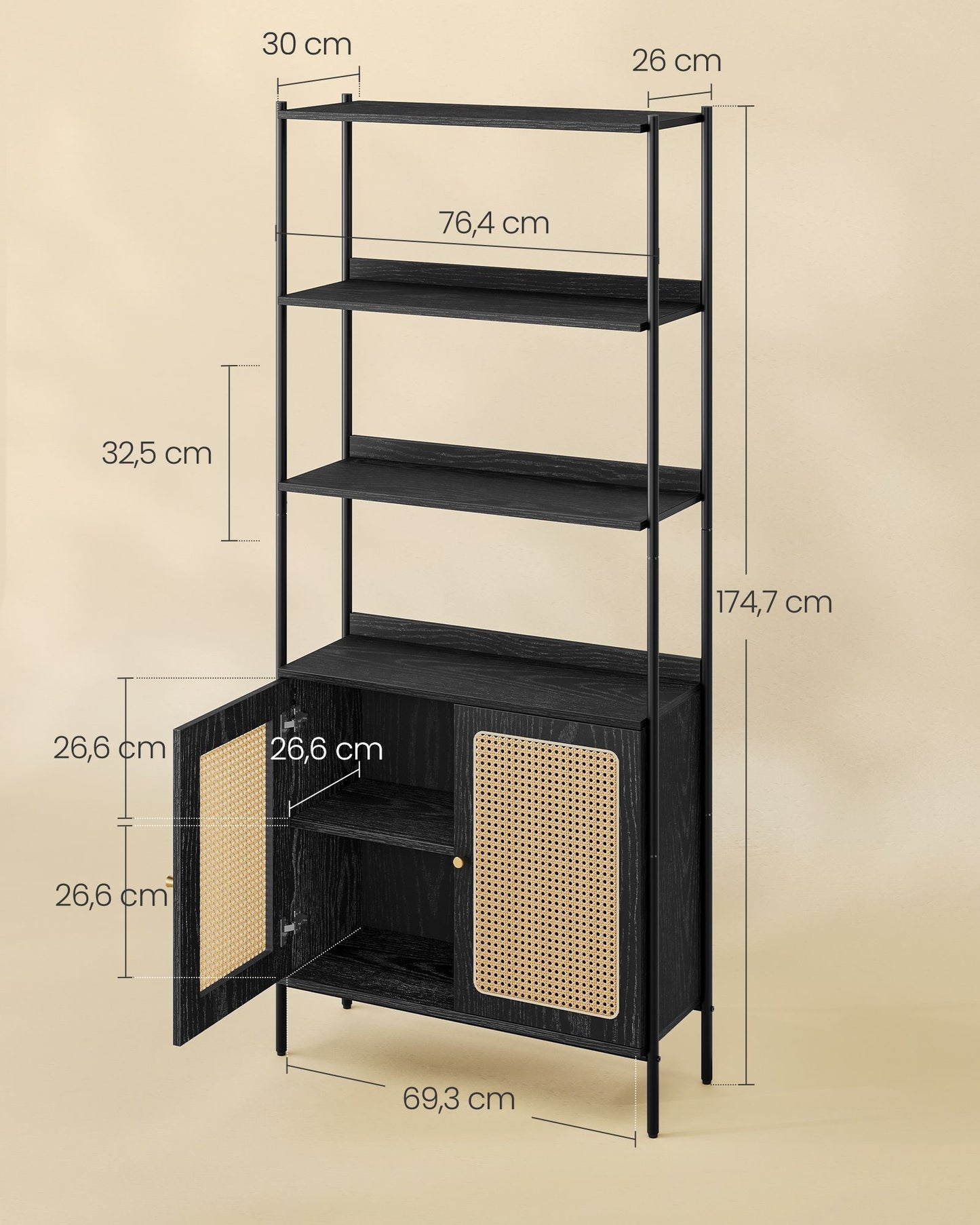 Librería de 6 Niveles de Ratán Negro Ébano y Negro Mate-VASAGLE