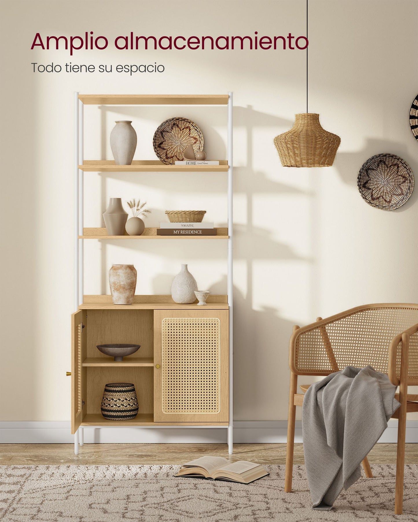 Librería de 6 Niveles de Ratán Beige Roble y Blanco Perla-VASAGLE