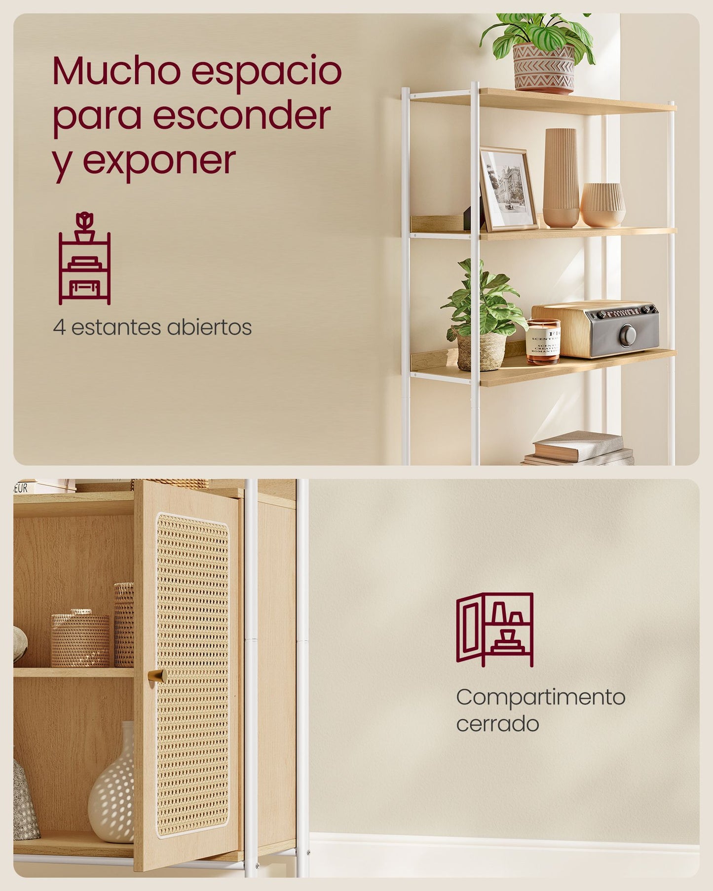 Librería de 6 Niveles de Ratán Beige Roble y Blanco Perla-VASAGLE