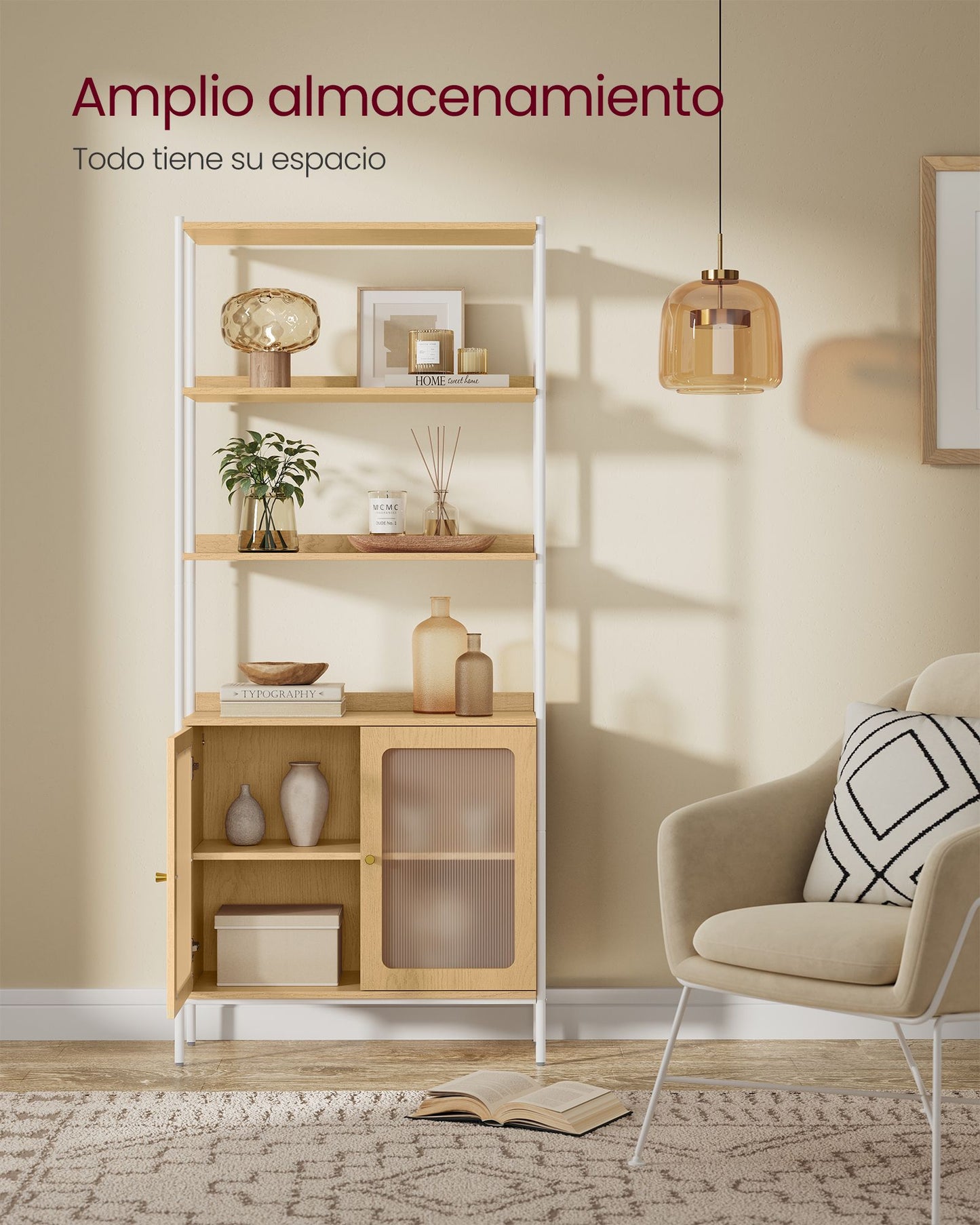 Librería de 6 Niveles Estante Ajustable Beige Roble y Blanco Perla-VASAGLE