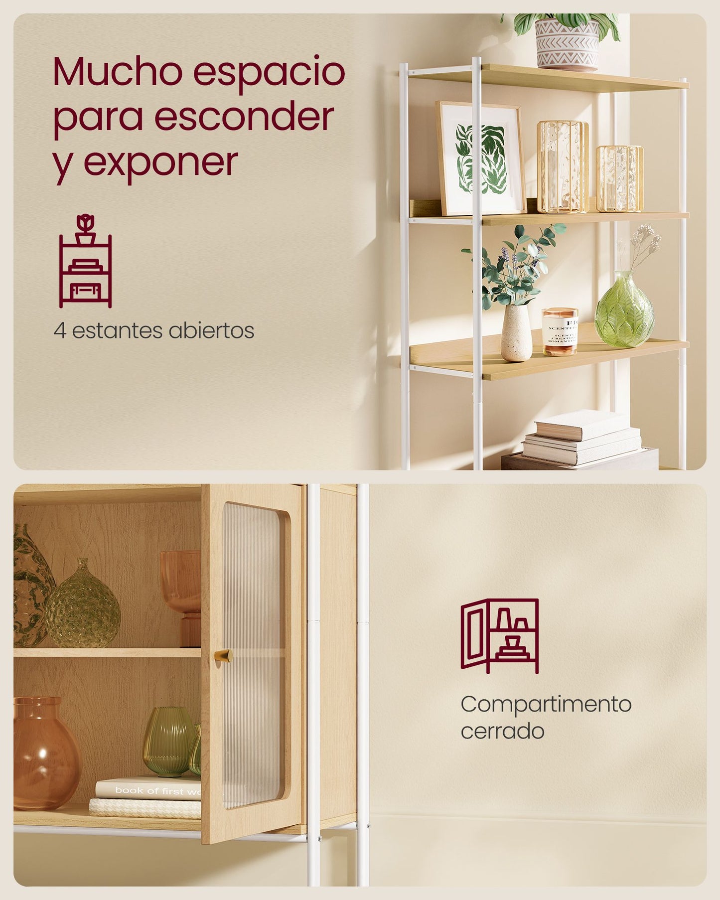 Librería de 6 Niveles Estante Ajustable Beige Roble y Blanco Perla-VASAGLE