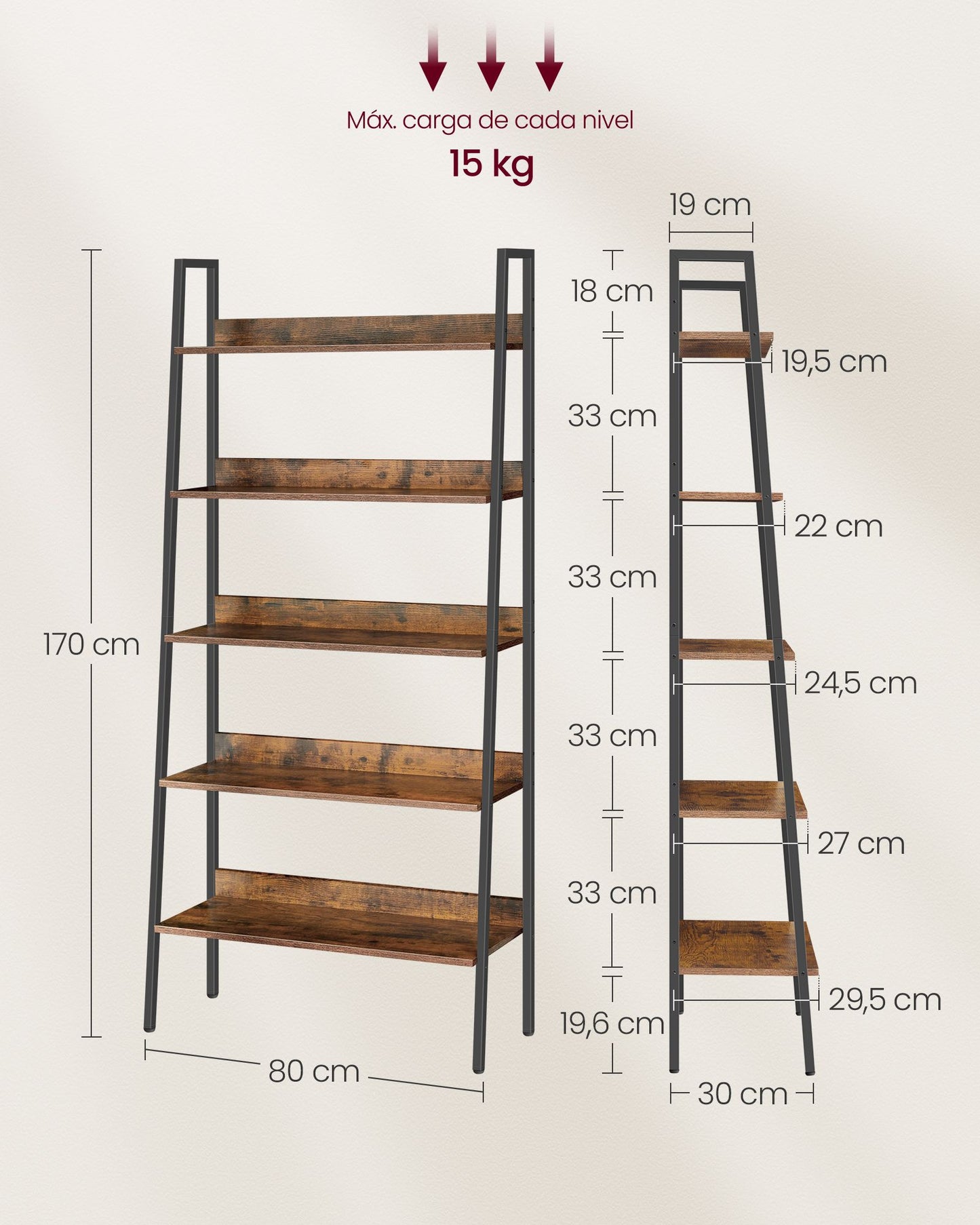 Estantería Escalera de 5 Niveles Marrón Rústico y Negro Tinta-VASAGLE