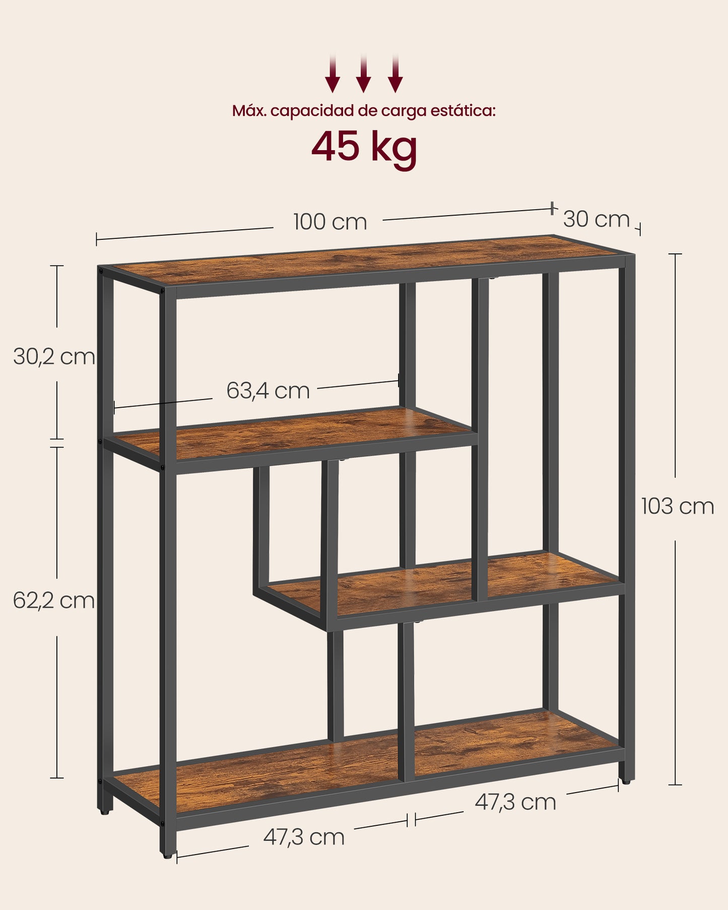 Librería de 4 Niveles 30 x 100 x 104 cm Marrón Rústico y Negro Tinta-VASAGLE