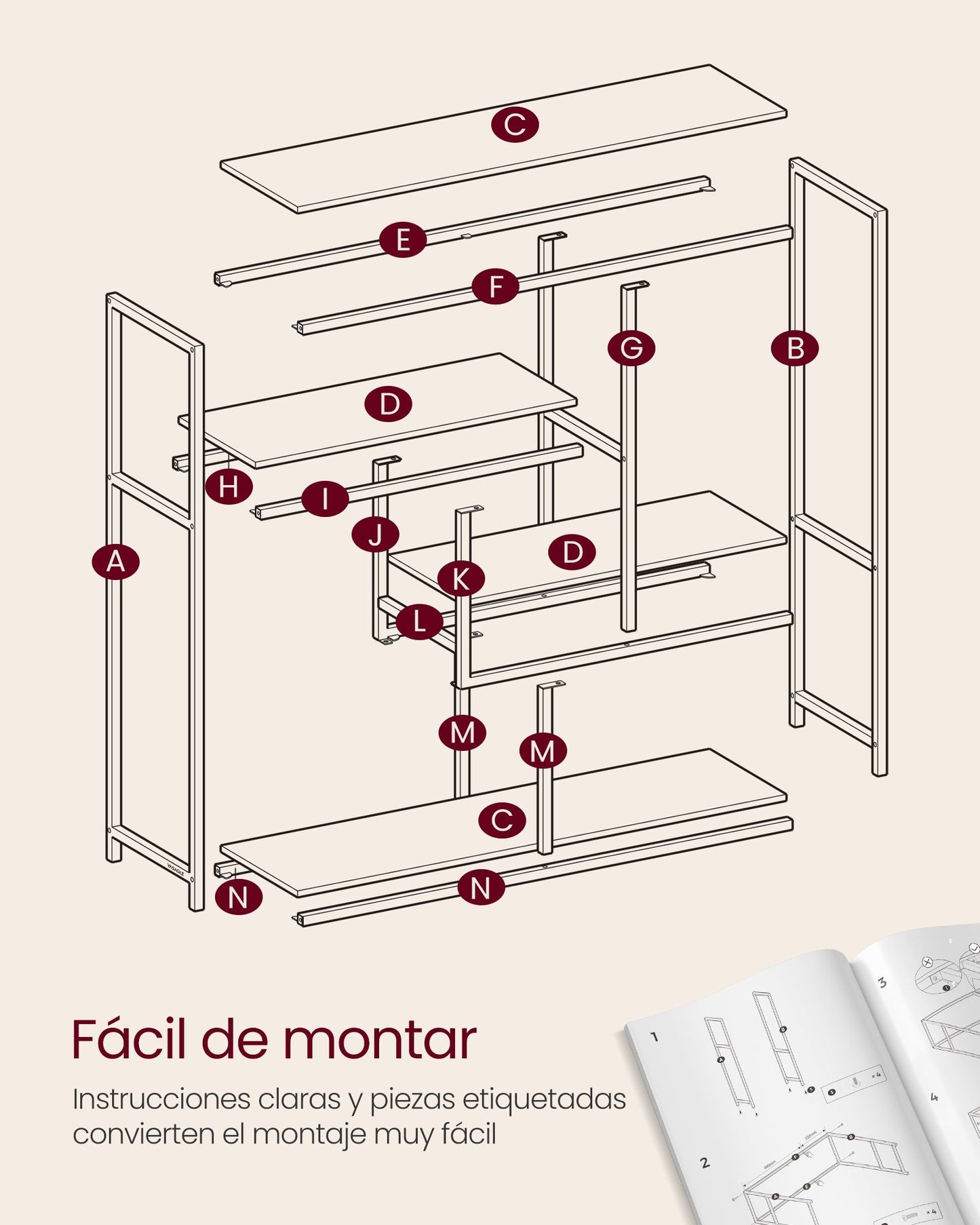 Librería de 4 Niveles 30 x 100 x 104 cm Marrón Rústico y Negro Tinta-VASAGLE