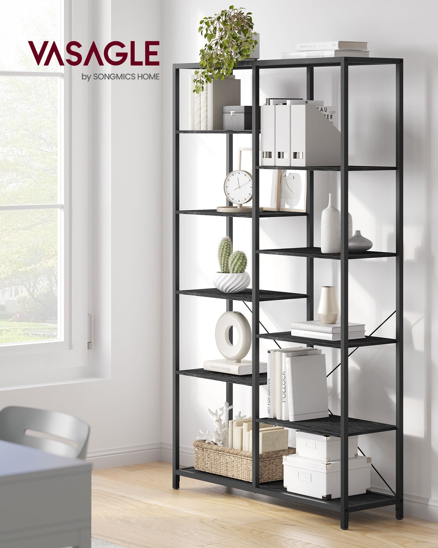 Librería de 5 Niveles Negro con Veta de Madera y Negro-VASAGLE