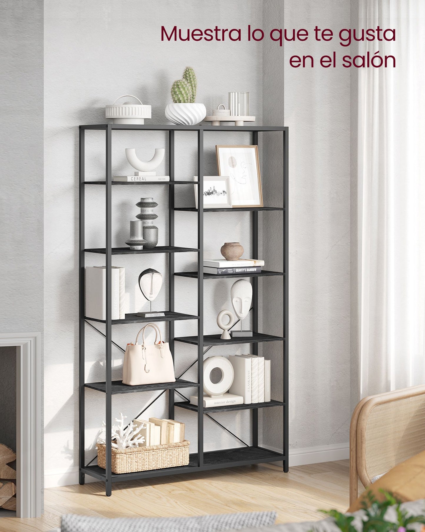 Librería de 5 Niveles Negro con Veta de Madera y Negro-VASAGLE