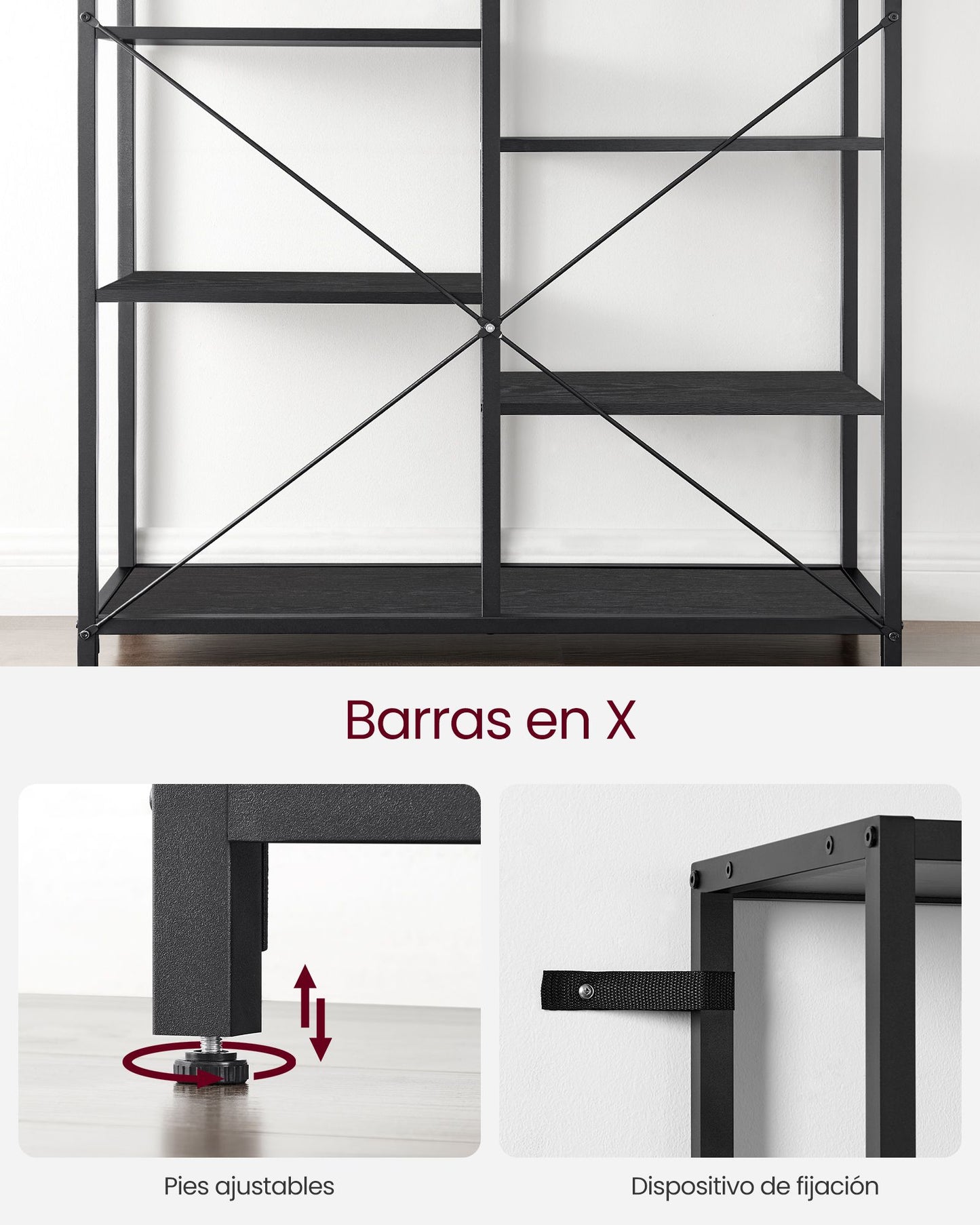 Librería de 5 Niveles Negro con Veta de Madera y Negro-VASAGLE