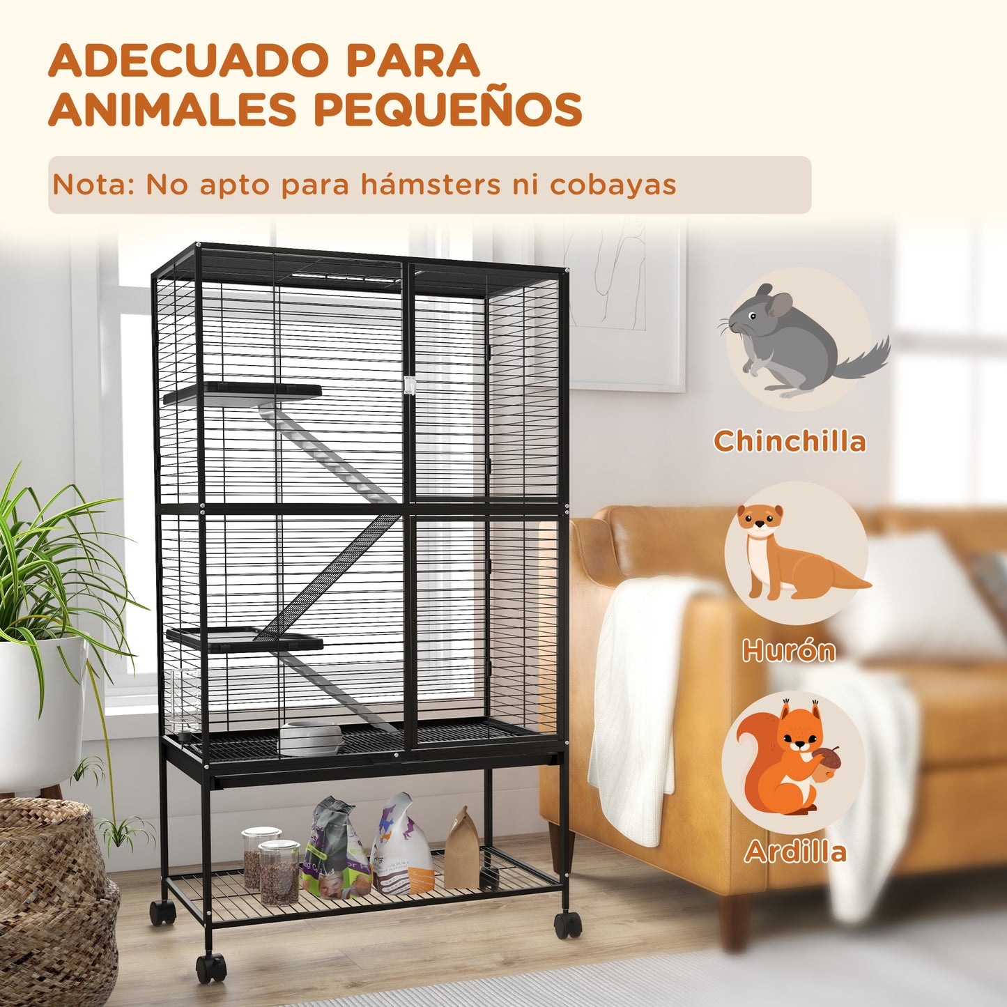 PawHut Jaula para Animales Pequeños de 4 Niveles Jaula para Roedores con Ruedas Rampa Cuenco Botella de Agua y Bandeja Extraíble Recinto para Conejos Chinchillas Hurones 78x45,5x136 cm Negro