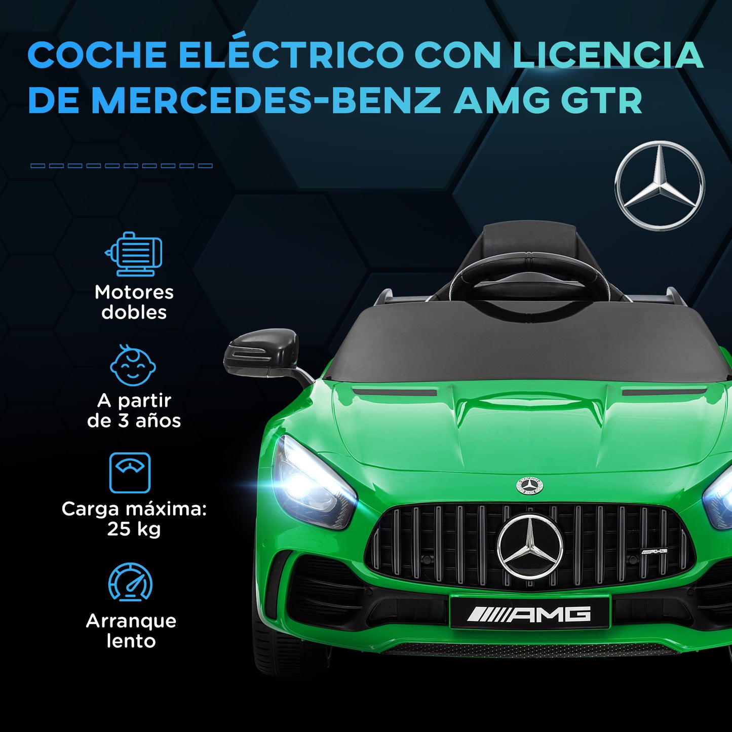 AIYAPLAY Coche Eléctrico para Niños de +3 Años Mercedes-Benz AMG GTR Carro Eléctrico Infantil con Batería 12V Mando a Distancia Faros Bocina Música MP3 Arranque Lento y Pantalla Verde