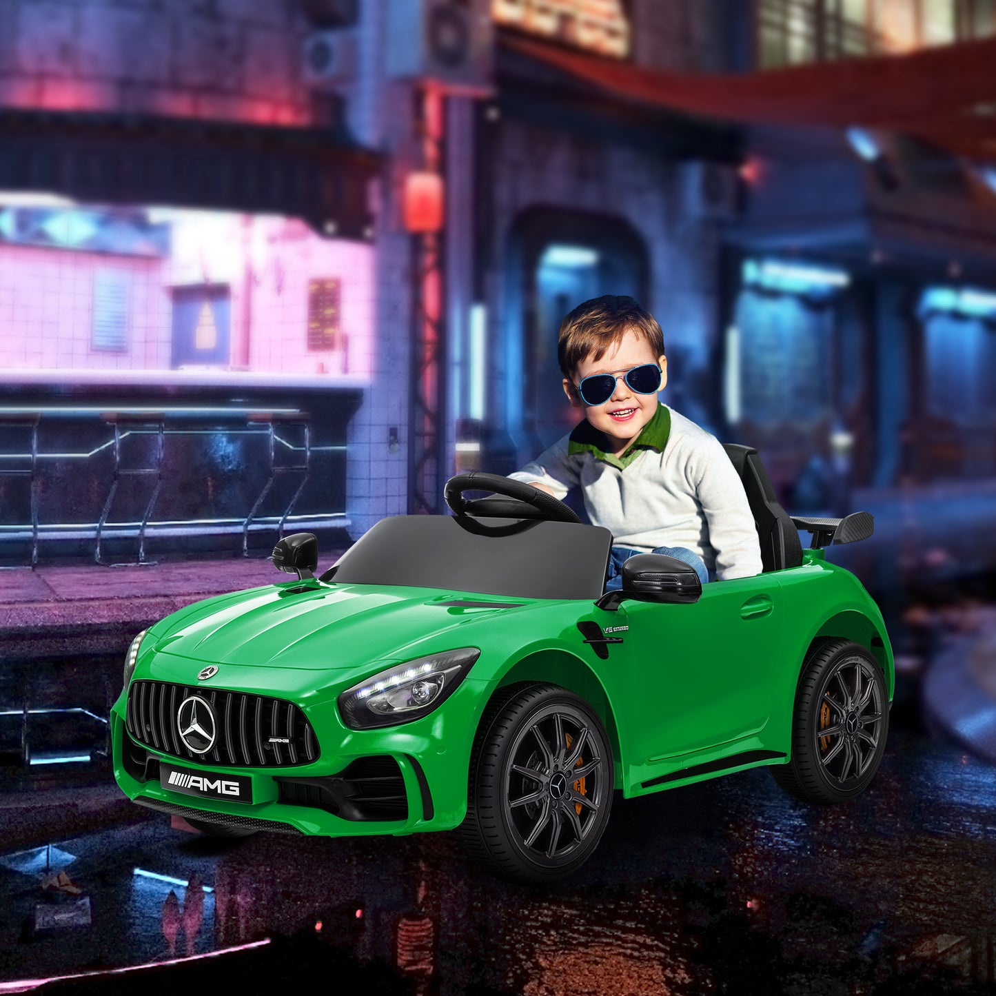 AIYAPLAY Coche Eléctrico para Niños de +3 Años Mercedes-Benz AMG GTR Carro Eléctrico Infantil con Batería 12V Mando a Distancia Faros Bocina Música MP3 Arranque Lento y Pantalla Verde