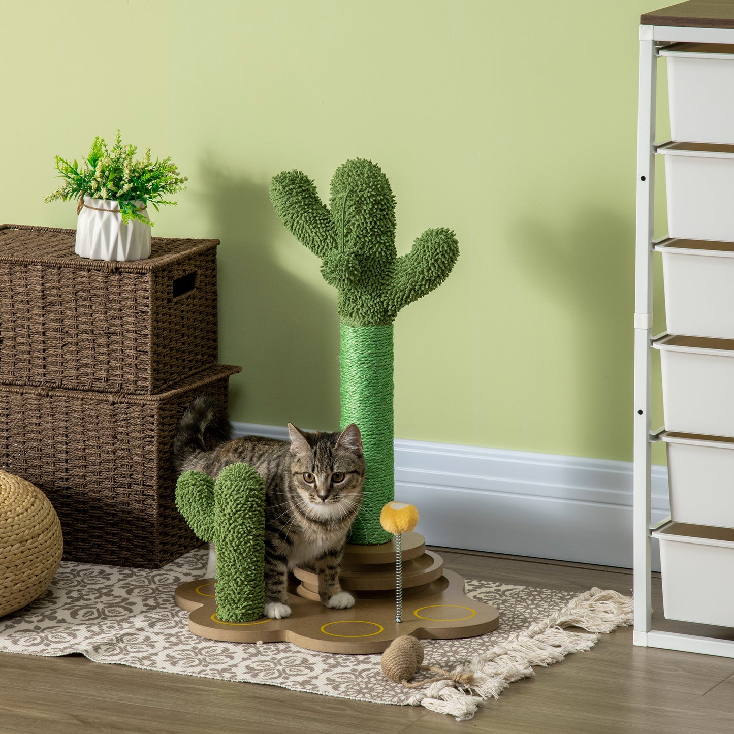 PawHut Árbol Rascador para Gatos Pequeños con Postes de Cactus Altura 60 cm Torre para Gatos de Chenilla con Juguetes de Pelotas 46x43x60 cm Verde