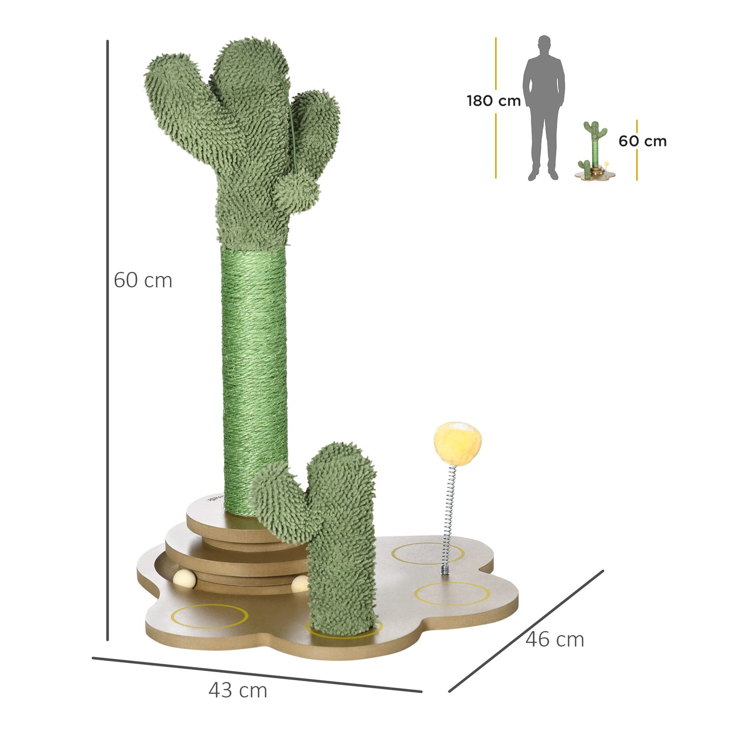 PawHut Árbol Rascador para Gatos Pequeños con Postes de Cactus Altura 60 cm Torre para Gatos de Chenilla con Juguetes de Pelotas 46x43x60 cm Verde