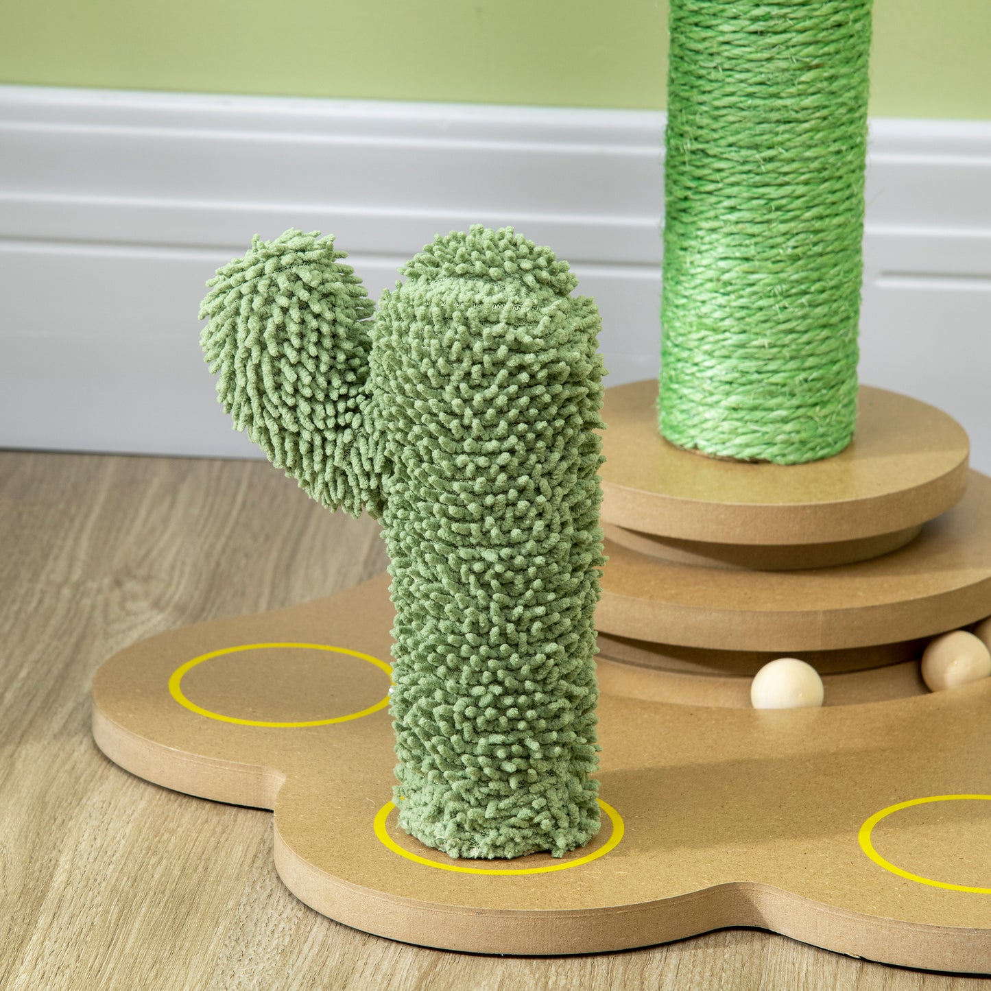 PawHut Árbol Rascador para Gatos Pequeños con Postes de Cactus Altura 60 cm Torre para Gatos de Chenilla con Juguetes de Pelotas 46x43x60 cm Verde