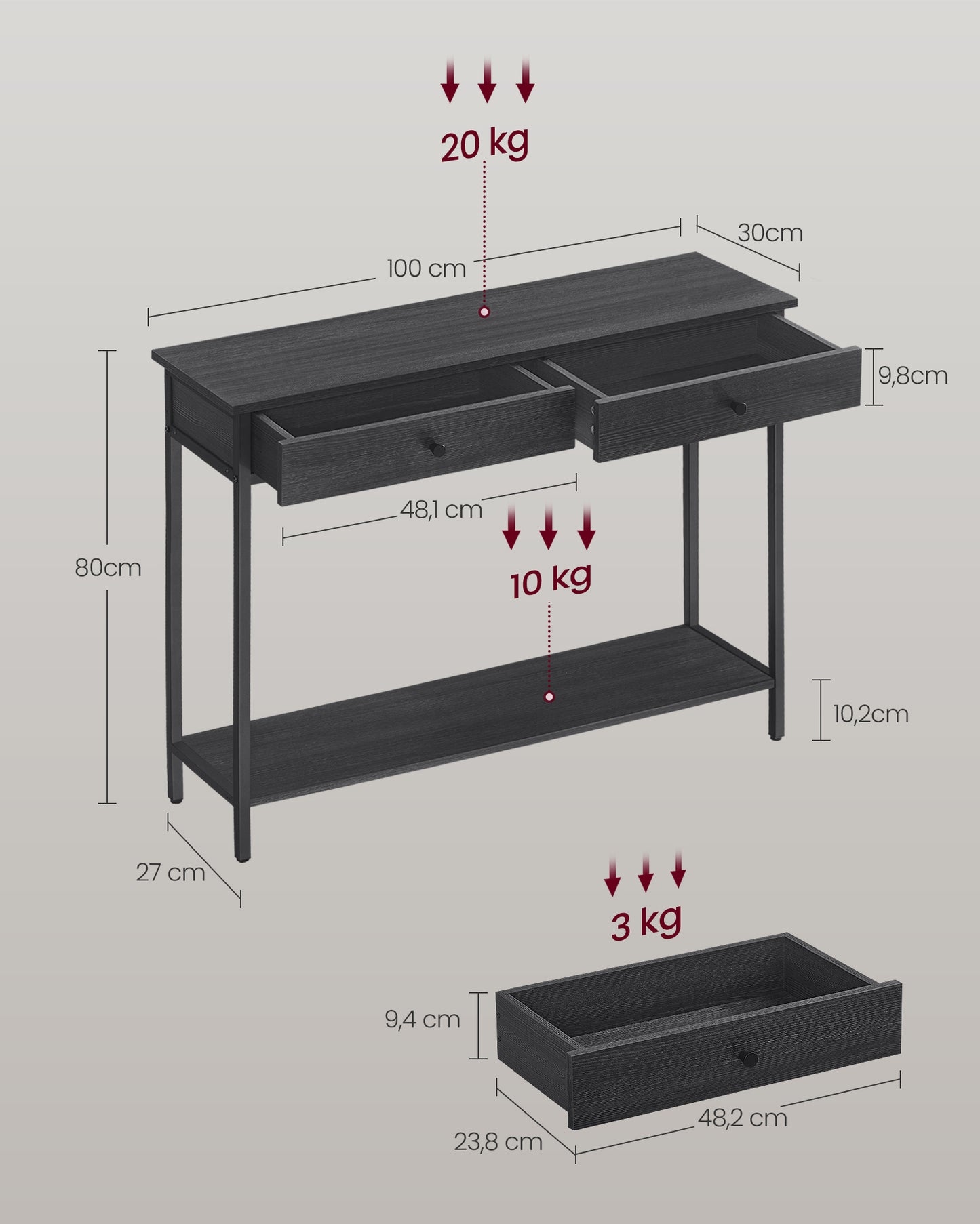 Mesa de Consola Estilo Industrial Gris Carbón y Negro Tinta-VASAGLE