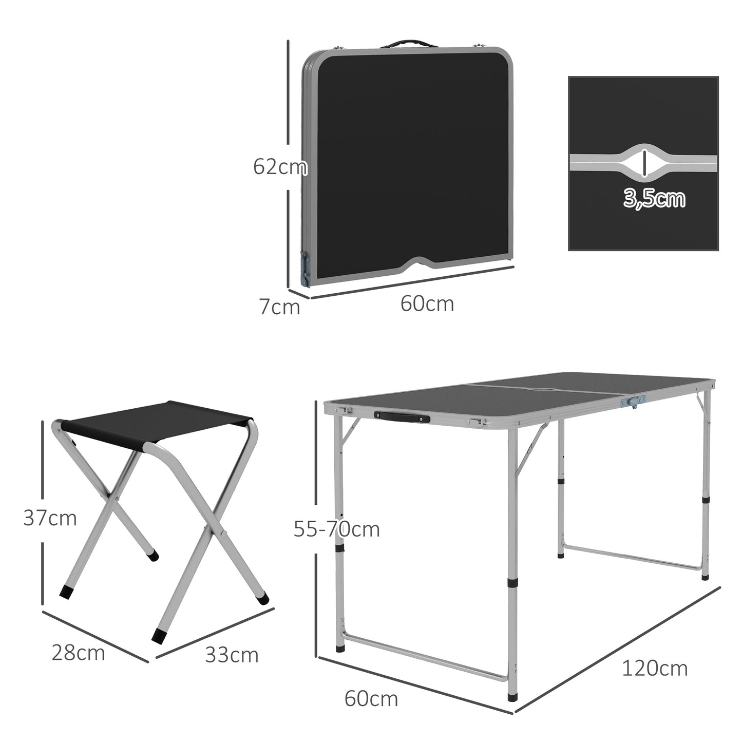 Outsunny Conjunto de Camping de 5 Piezas Mesa para Camping Plegable con Sillas Incluye 1 Mesa Ajuatsble en Altura con Orificio para Sombrilla 120x60x55-70 cm y 4 Taburetes Plegables Negro