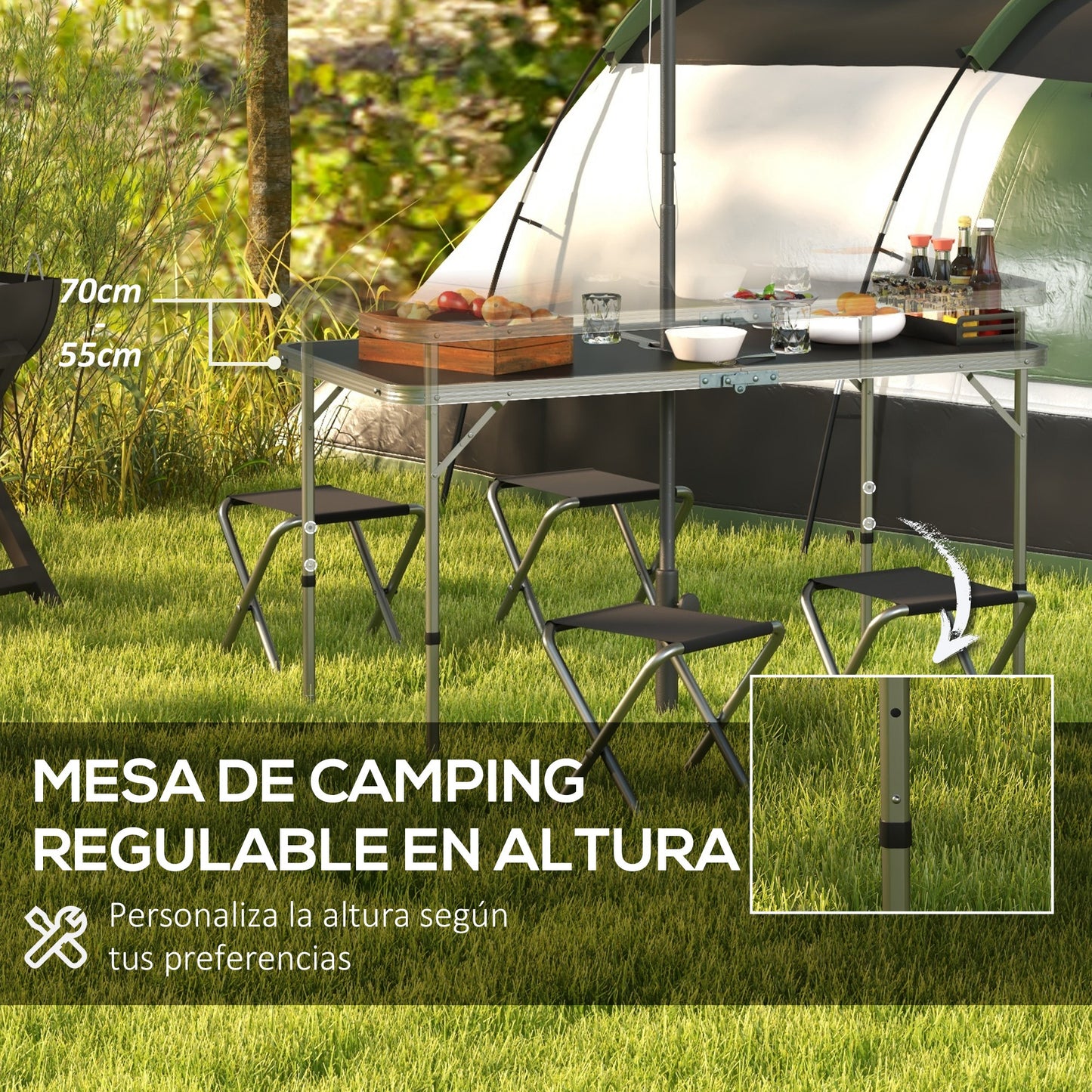 Outsunny Conjunto de Camping de 5 Piezas Mesa para Camping Plegable con Sillas Incluye 1 Mesa Ajuatsble en Altura con Orificio para Sombrilla 120x60x55-70 cm y 4 Taburetes Plegables Negro