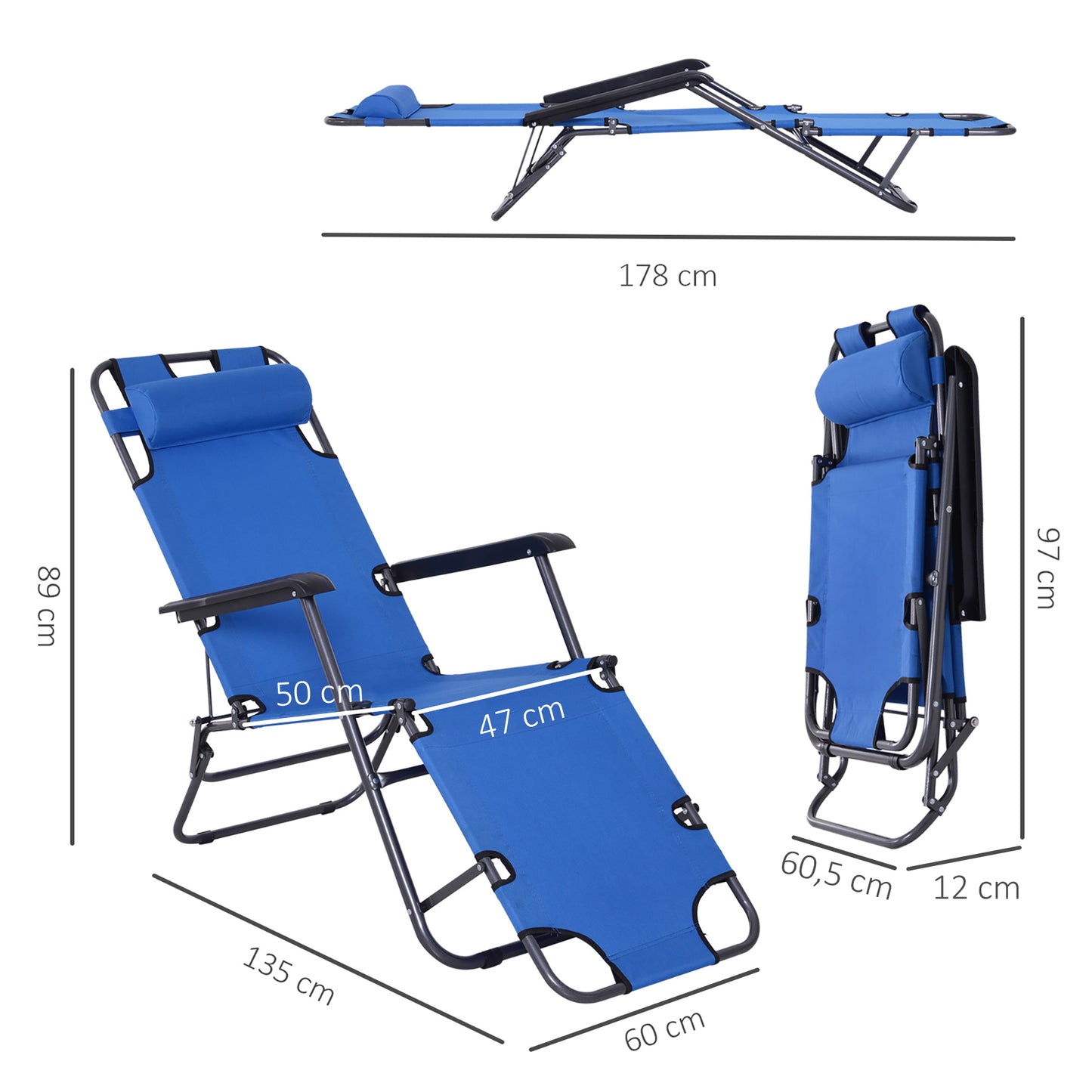 Outsunny Tumbona Reclinable y Plegable Silla de Playa Tumbona Relax Plegable con Respaldo Ajustable Reposabrazos Almohada y Reposapiés para Jardín Balcón Carga 136 kg 135x60x89 cm Azul