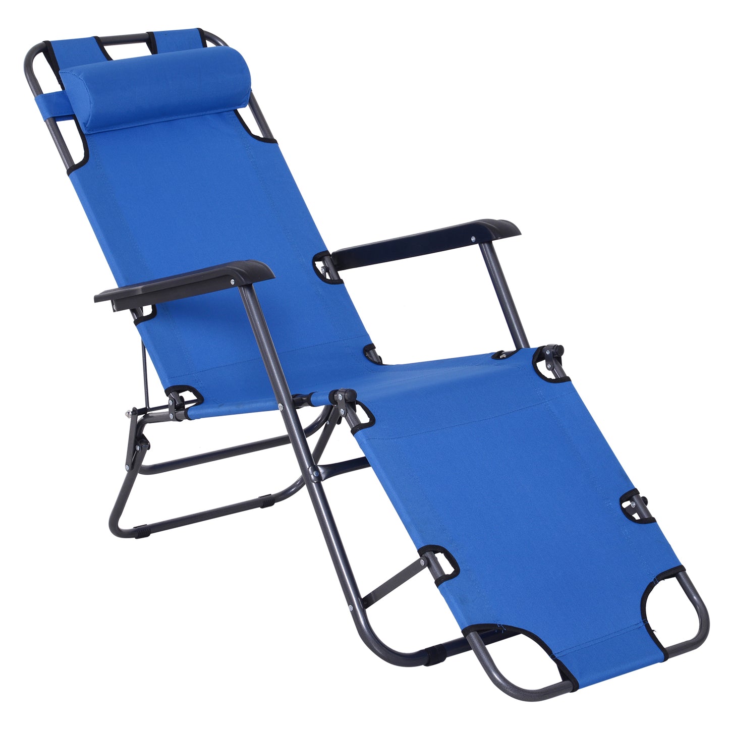 Outsunny Tumbona Reclinable y Plegable Silla de Playa Tumbona Relax Plegable con Respaldo Ajustable Reposabrazos Almohada y Reposapiés para Jardín Balcón Carga 136 kg 135x60x89 cm Azul