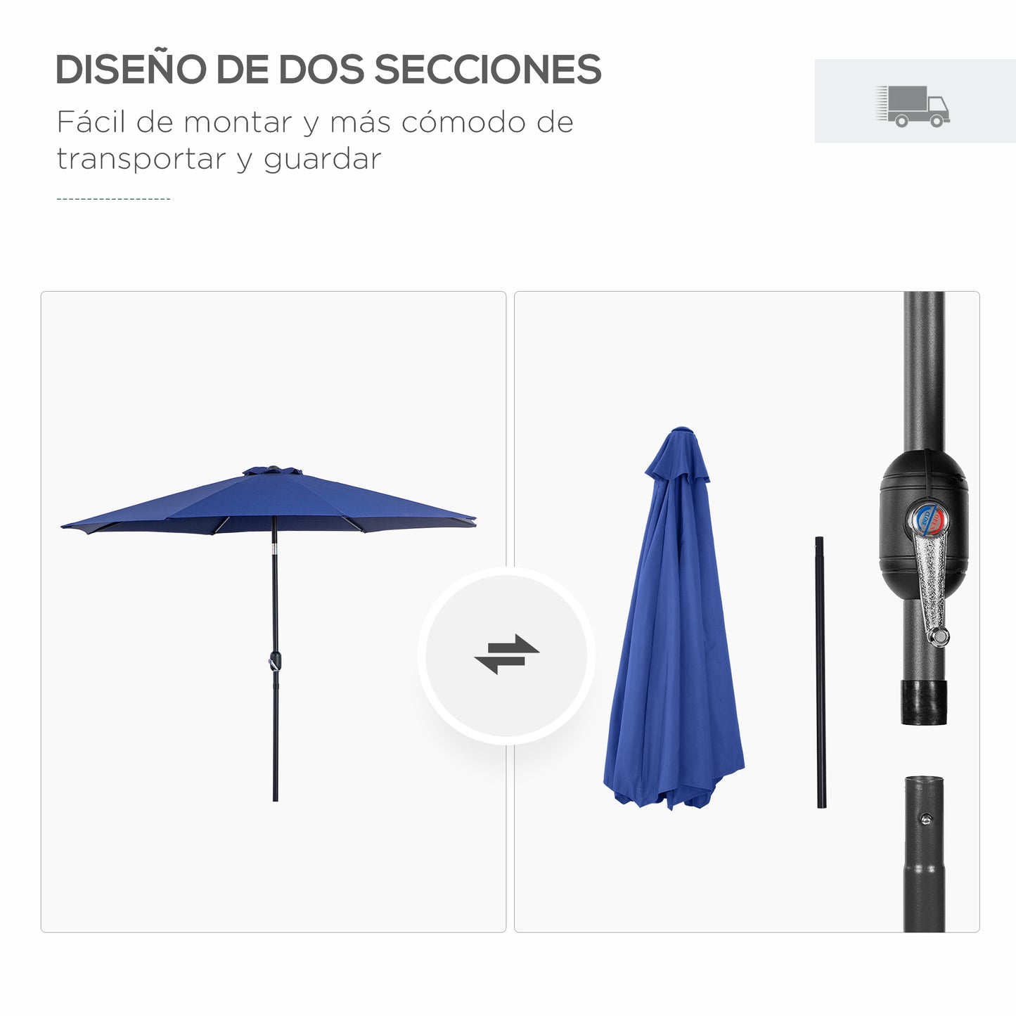 Outsunny Sombrilla de Jardín Ø295x250 cm con Manivela Parasol Exterior con Mecanismo de Inclinación y Poste Desmontable de Metal para Terraza Piscina Patio Azul