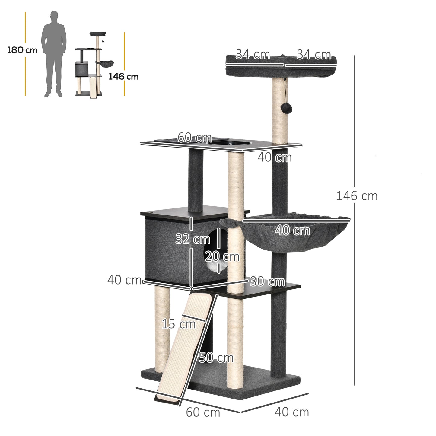 PawHut Árbol para Gatos Grande Altura 146 cm con Plataformas Cueva de Fieltro Extraíble Postes Rascadores de Sisal Hamaca Cojines Lavables Rampa y Bola de Juguete 60x40x146 cm Gris