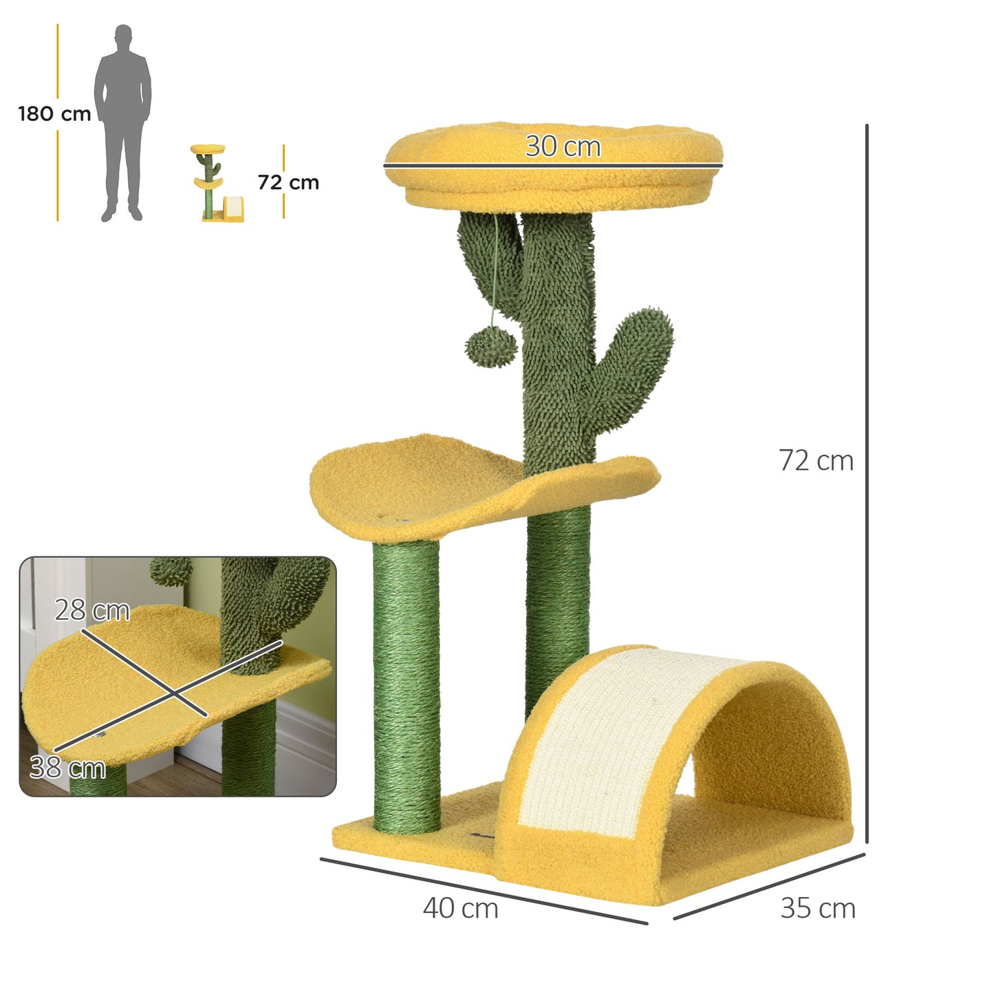 PawHut Árbol Rascador para Gatos de 72 cm Torre para Gatos Centro de Actividades para Gatitos con Cama Poste de Sisal Rascadora Curva y Bola Colgante 40x35x72 cm Amarillo