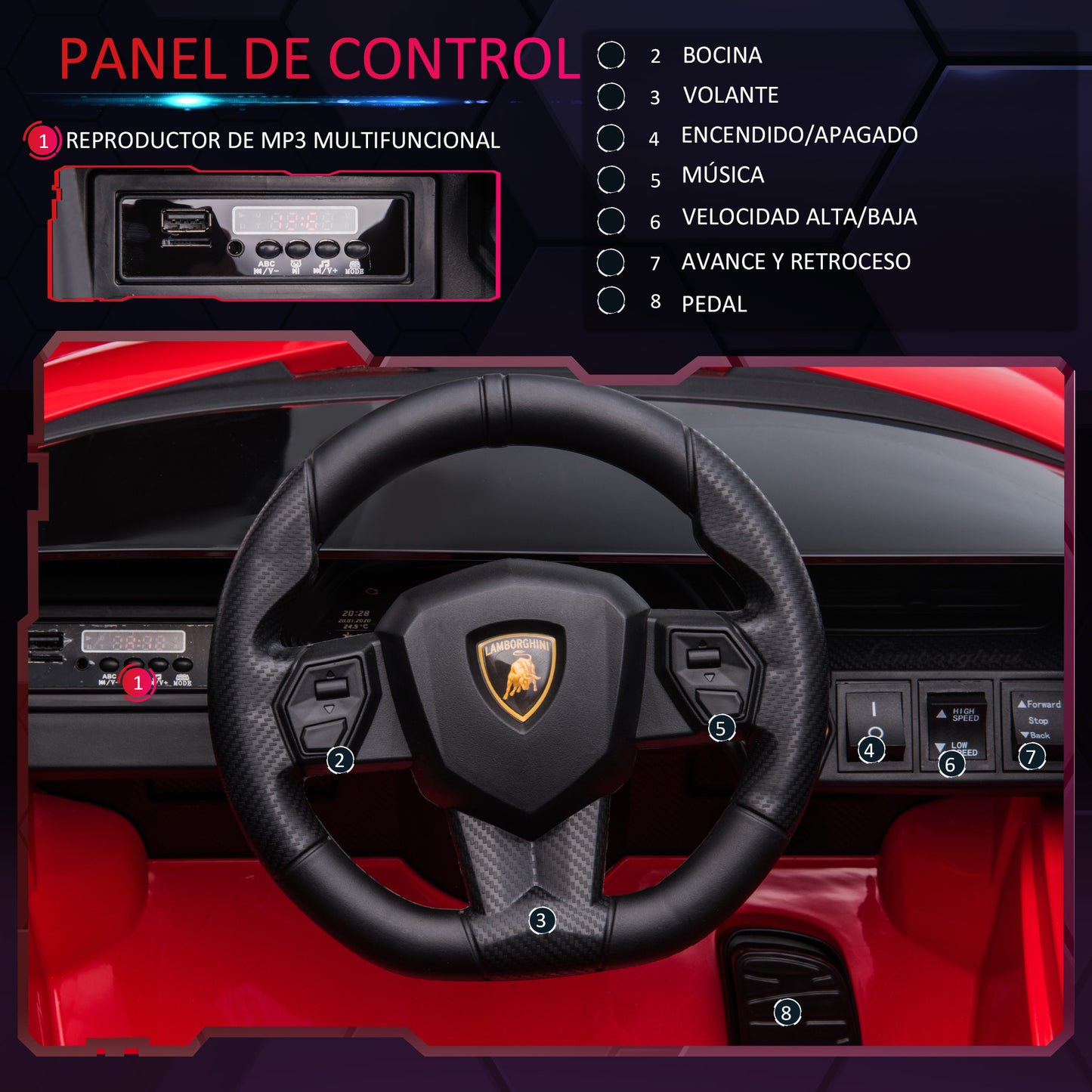 HOMCOM Coche Eléctrico Lamborghini SIAN 12V para Niños de +3 Años con Mando a Distancia Apertura de Puerta Música MP3 USB y Faros 3-5 km/h 108x62x40 cm Rojo