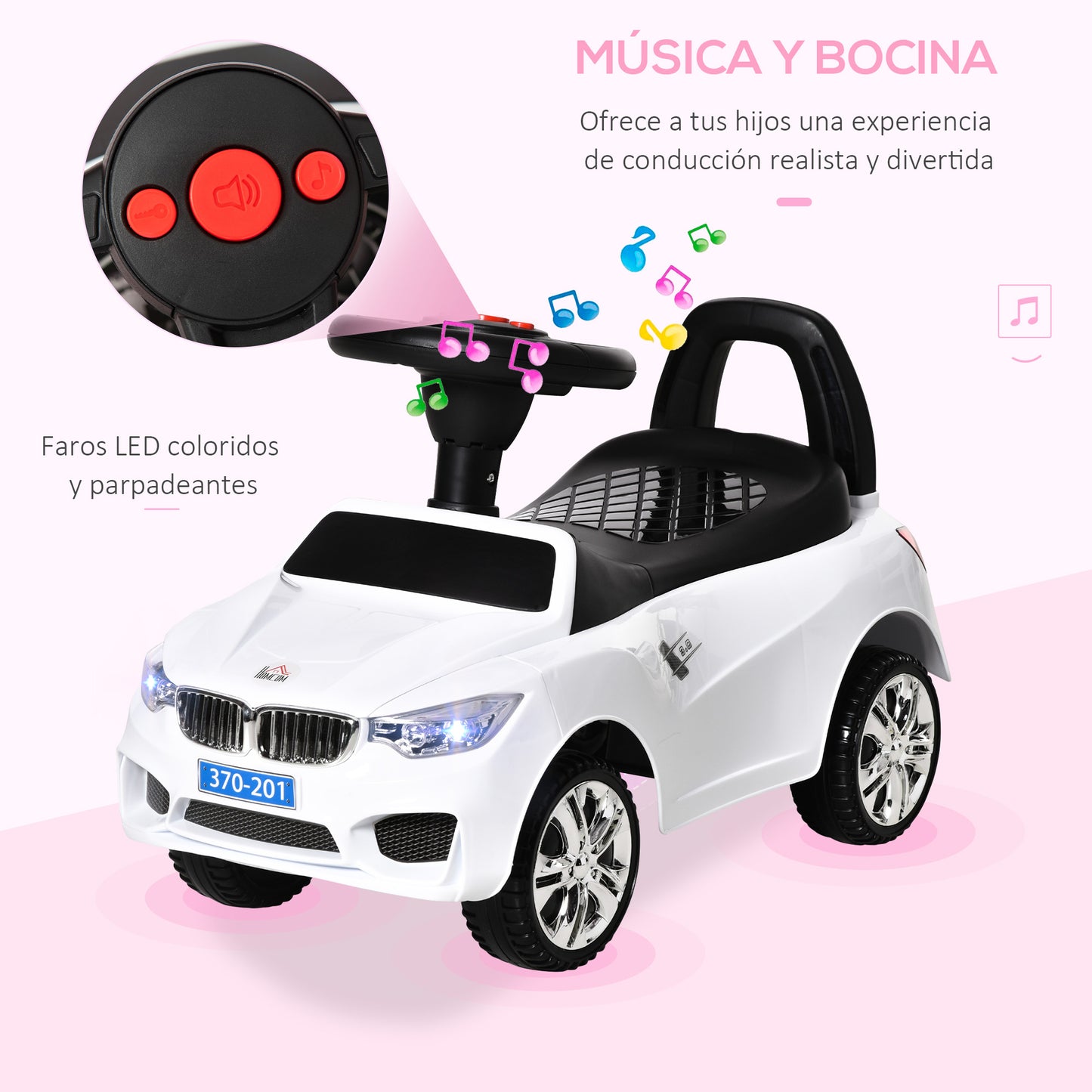 HOMCOM Coche Correpasillos para Niños de 18-36 Meses con Faros Música Bocina Volante Espacio de Almacenaje y Asa para Empujar 63,5x28x36 cm Blanco