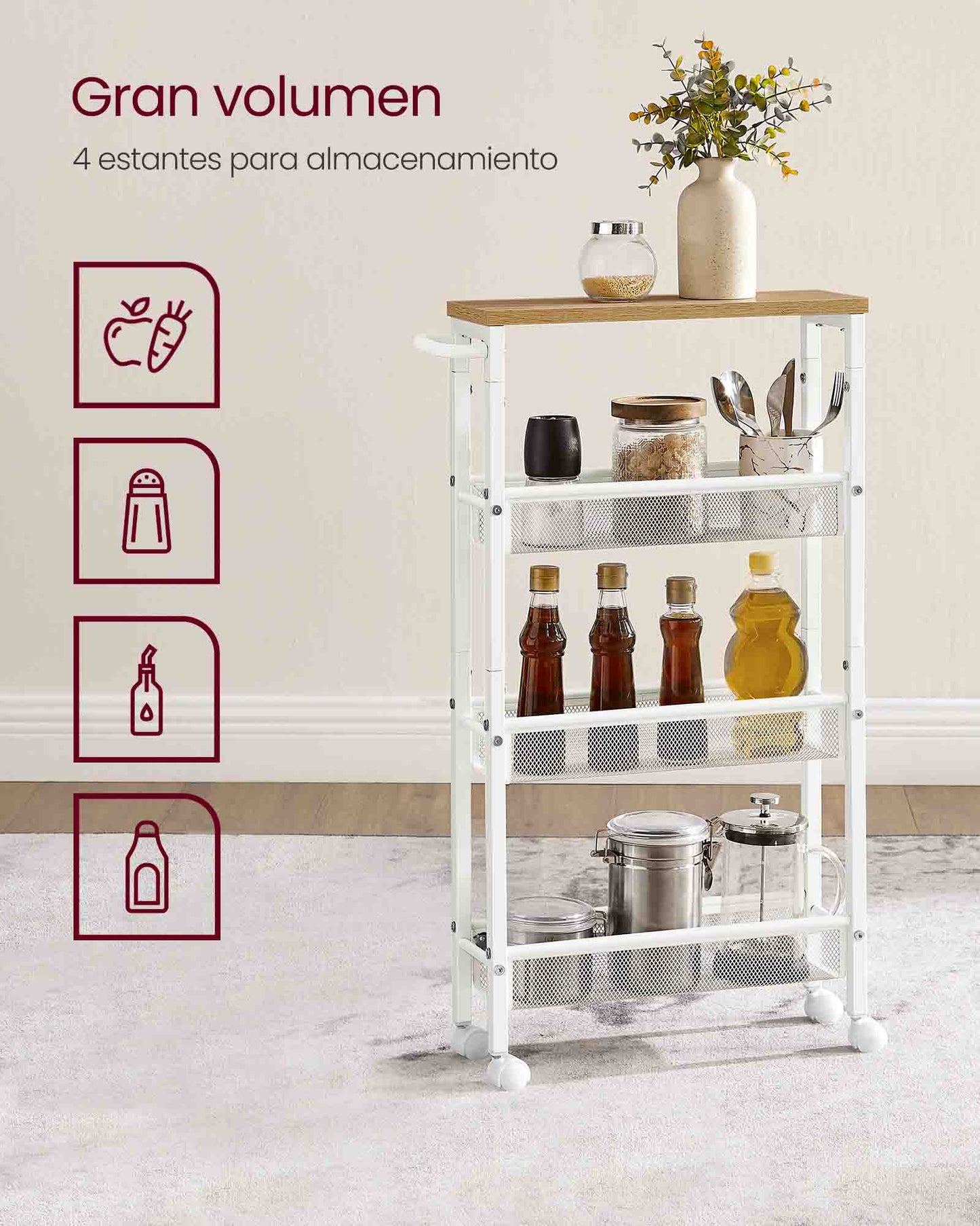 Carro de 4 Niveles Carro Estrecho de Cocina con Ruedas con Asa 13 x 45,4 x 77 cm-VASAGLE