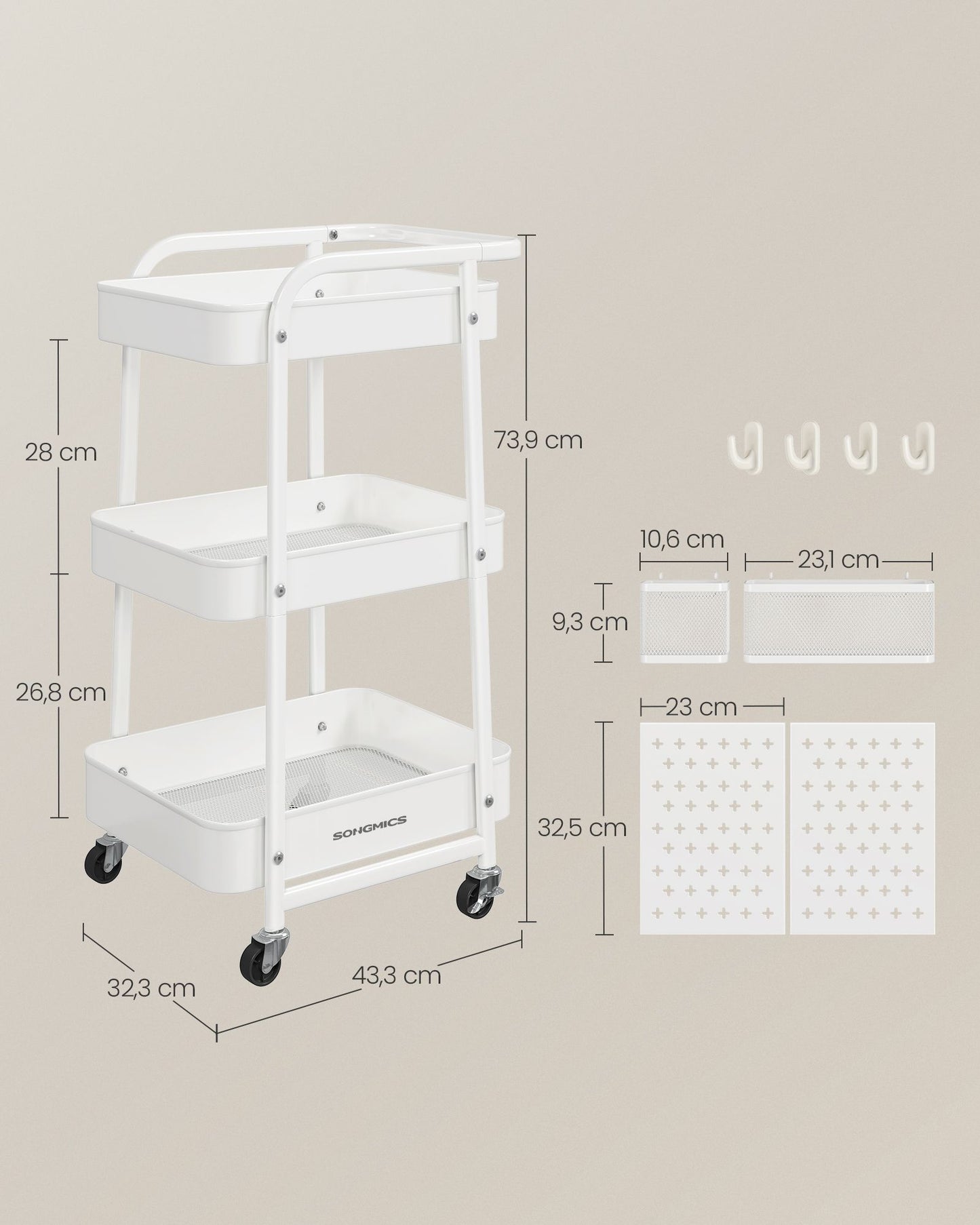 Carrito con Ruedas 3 Estantes 4 Ganchos Blanco Nube-SONGMICS