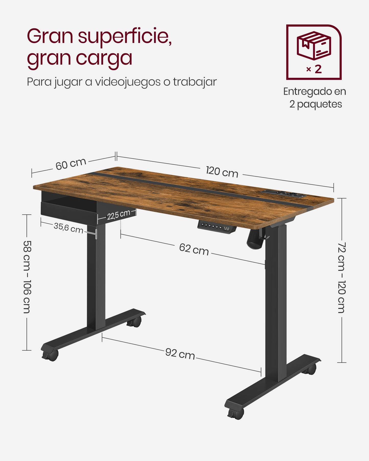 Escritorio Regulable en Altura Mesa Regulable Ajuste Continuo Marrón Rústico-VASAGLE