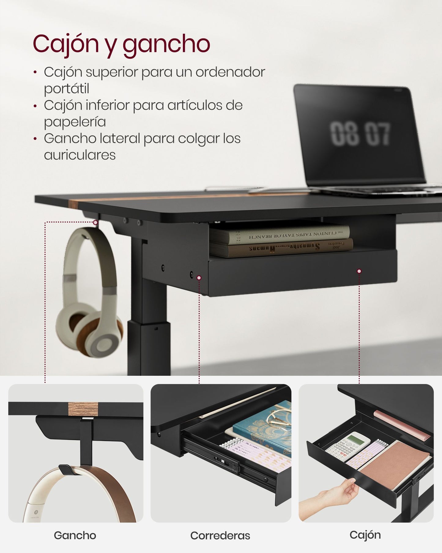 Escritorio Regulable en Altura Mesa Regulable 60 x 140 cm de Encimera Ajuste-VASAGLE