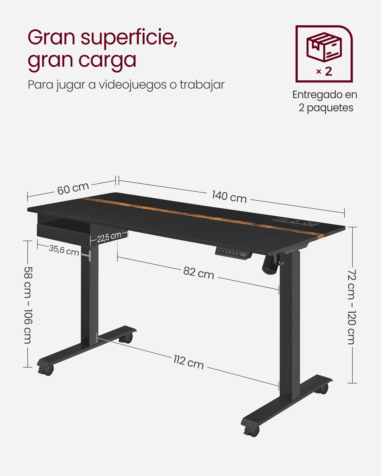 Escritorio Regulable en Altura Mesa Regulable 60 x 140 cm de Encimera Ajuste-VASAGLE