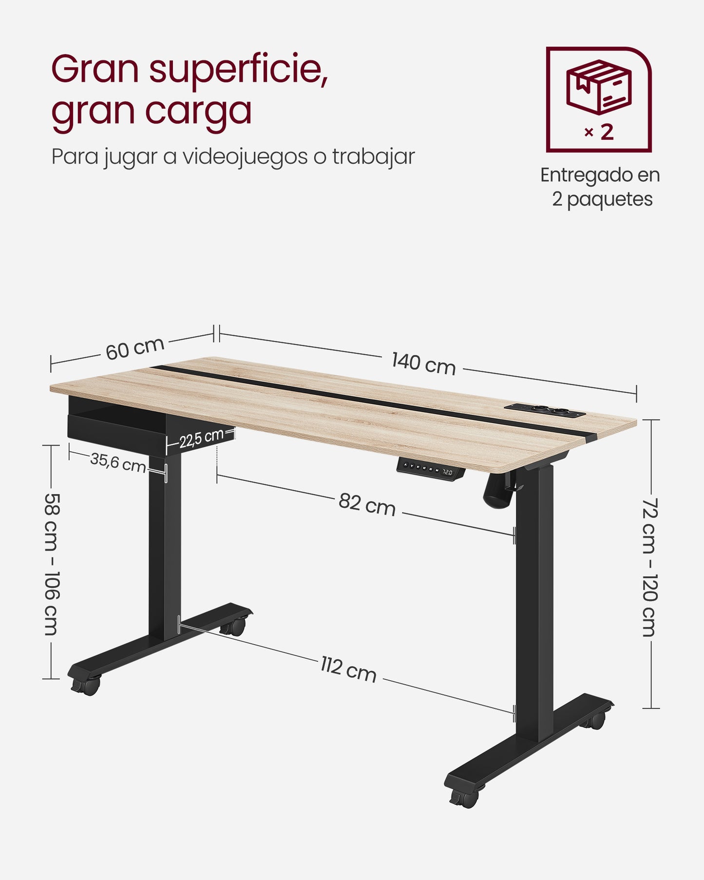 Escritorio Regulable en Altura Mesa Regulable 60 x 140 cm de Superficie-VASAGLE