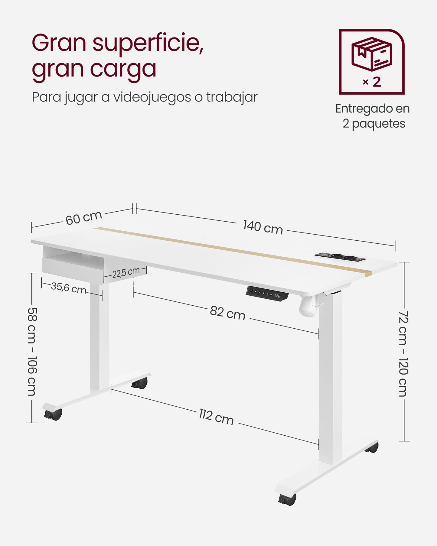 Escritorio Regulable en Altura Mesa Regulable Ajuste Continuo Blanco-VASAGLE