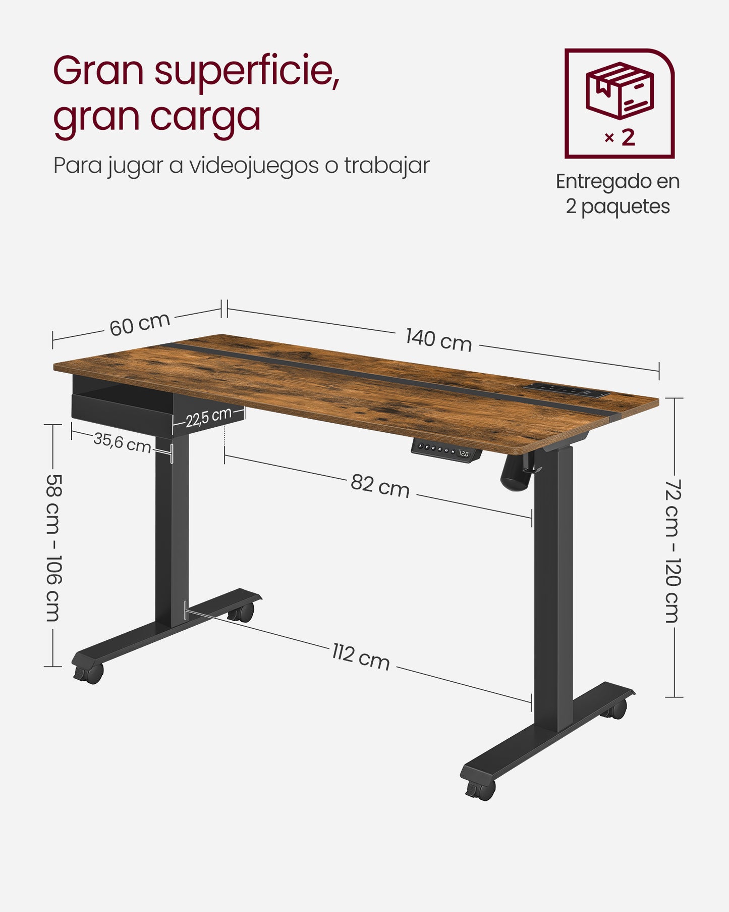 Escritorio eléctrico Regulable en Altura 60 x 140 cm-VASAGLE