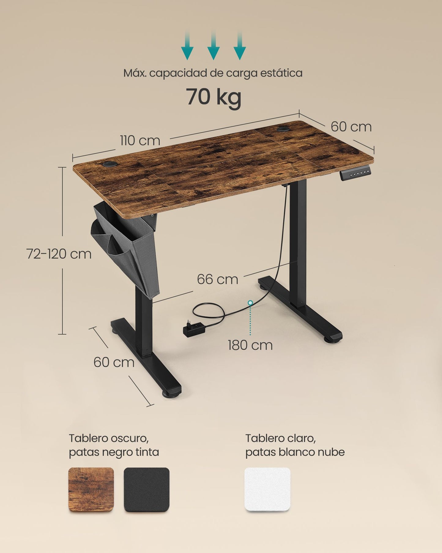 Escritorio Eléctrico Regulable en Altura 60 x 110 x (72-120) cm-SONGMICS