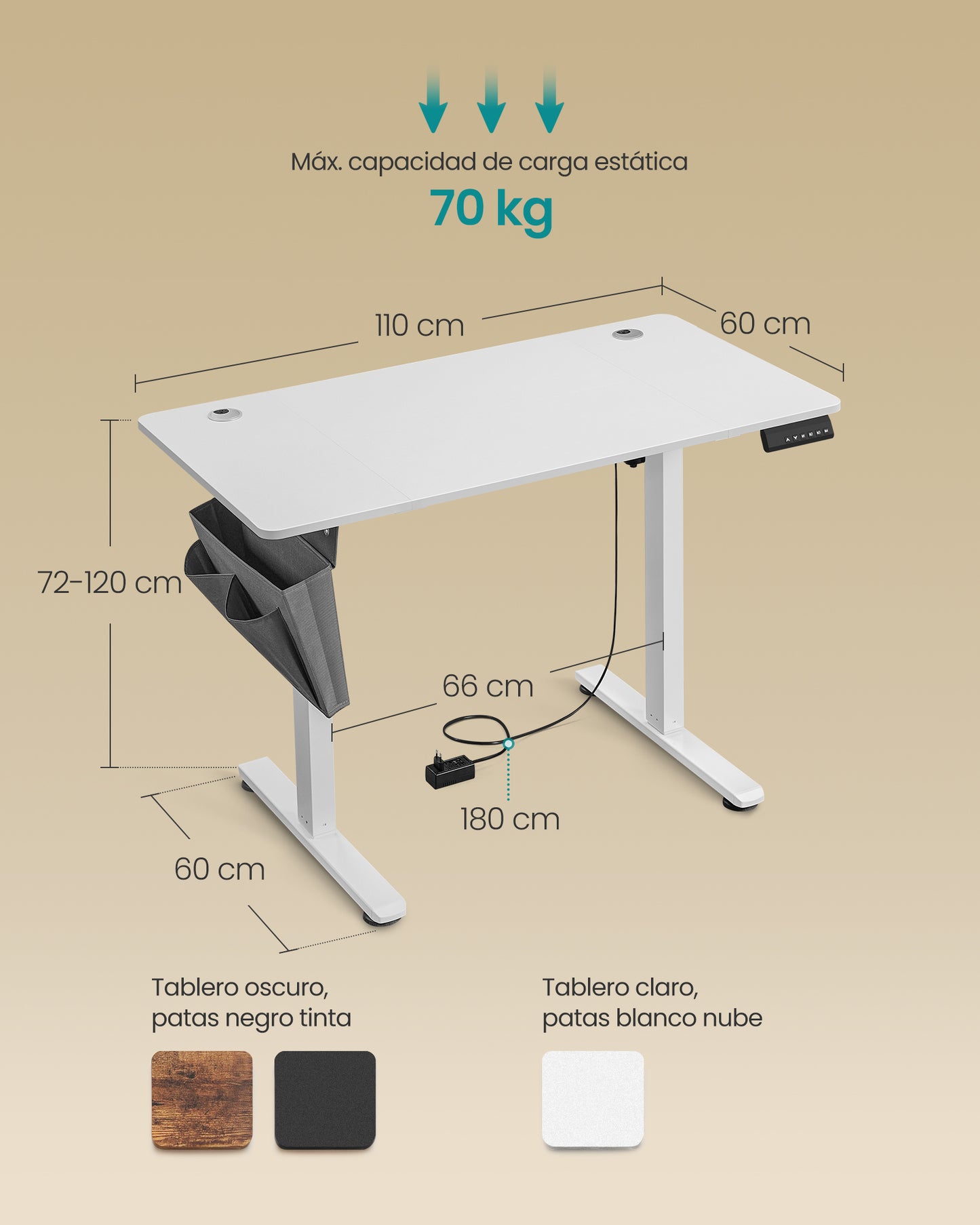 Escritorio Eléctrico Regulable en Altura 60 x 110 x (72-120) cm-SONGMICS