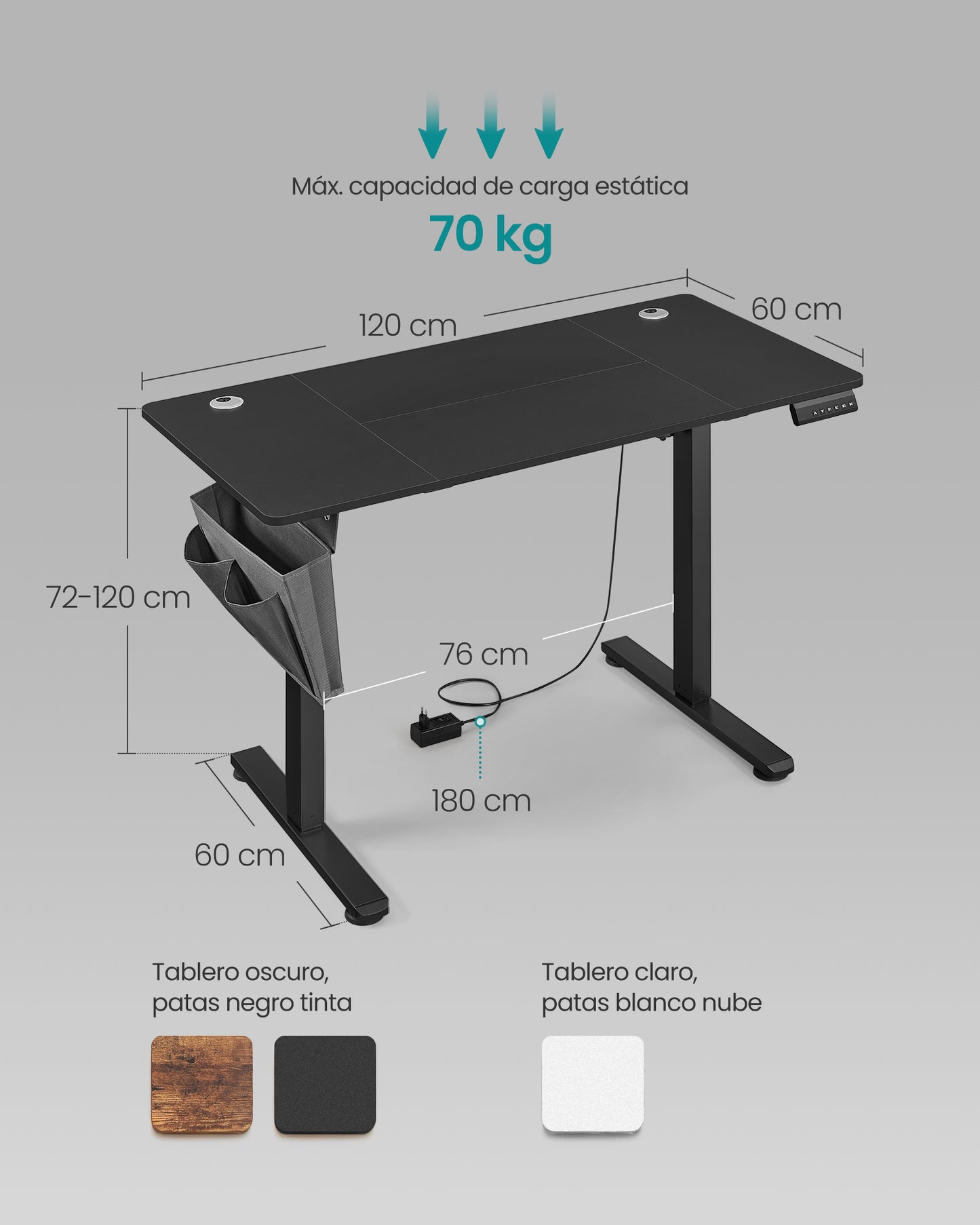 Escritorio Eléctrico Regulable en Altura 60 x 120 x (72-120) cm-SONGMICS